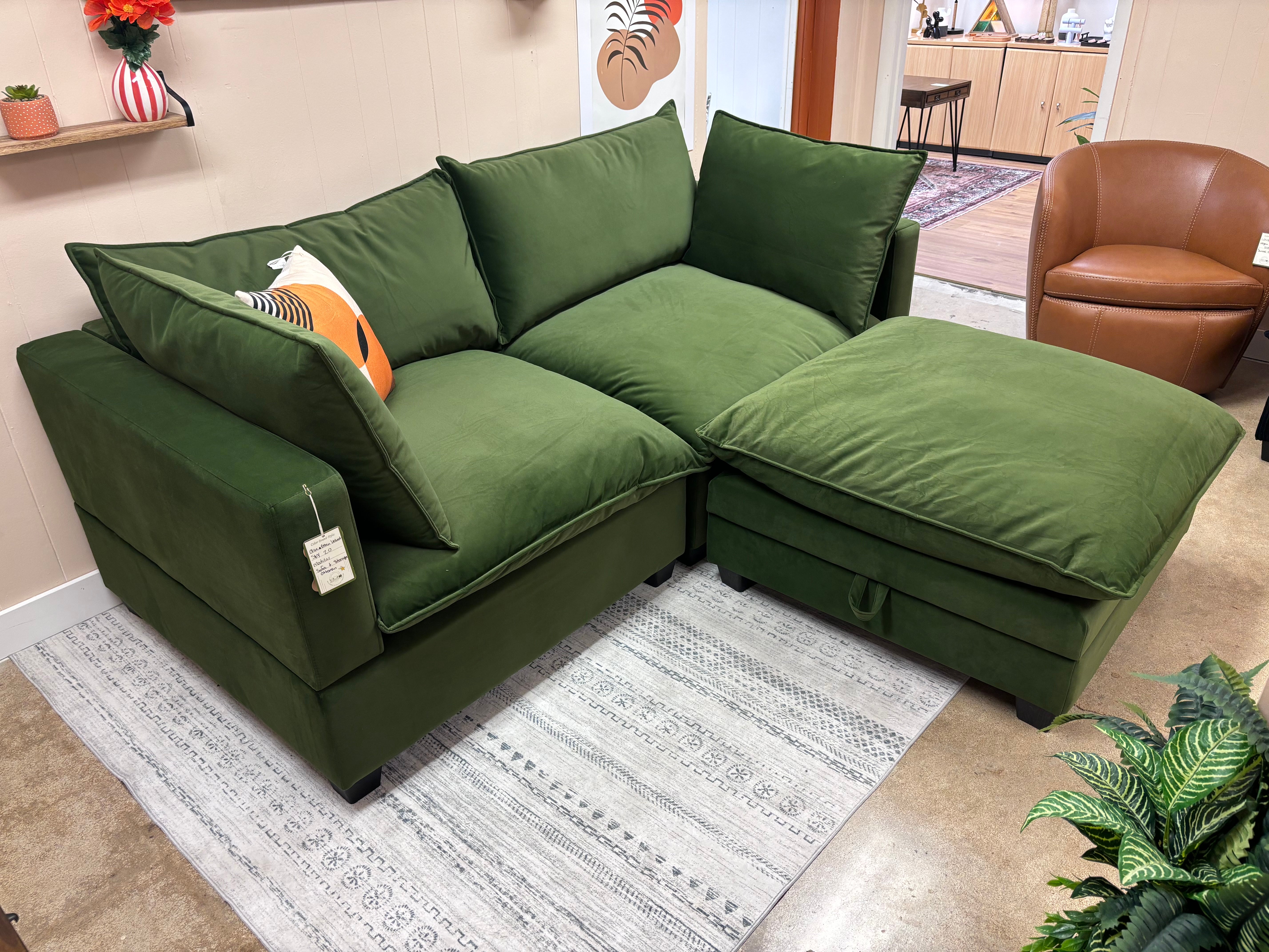 Olive Green Velvet SKY 2.0 Modular Loveseat + Storage Ottoman - Reclaimed Elegance