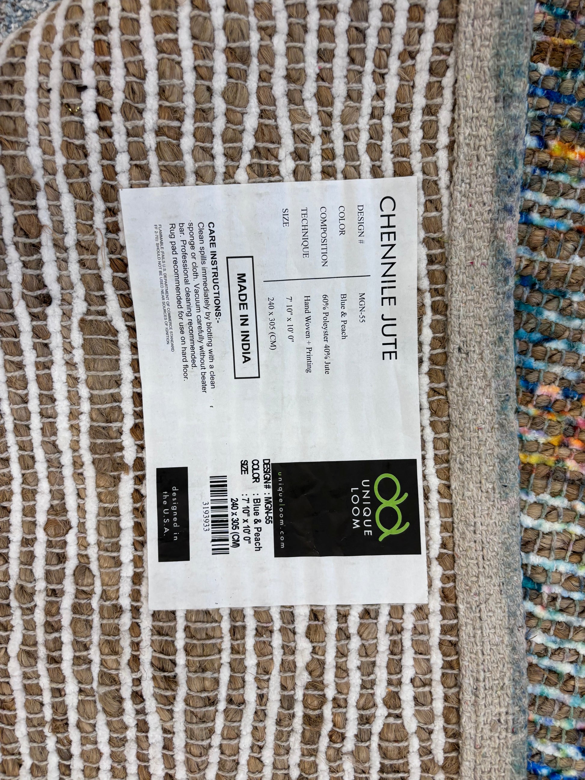 Blue and Peach 7' 10 x 10' Chenille Jute Rectangle Rug - Reclaimed Elegance