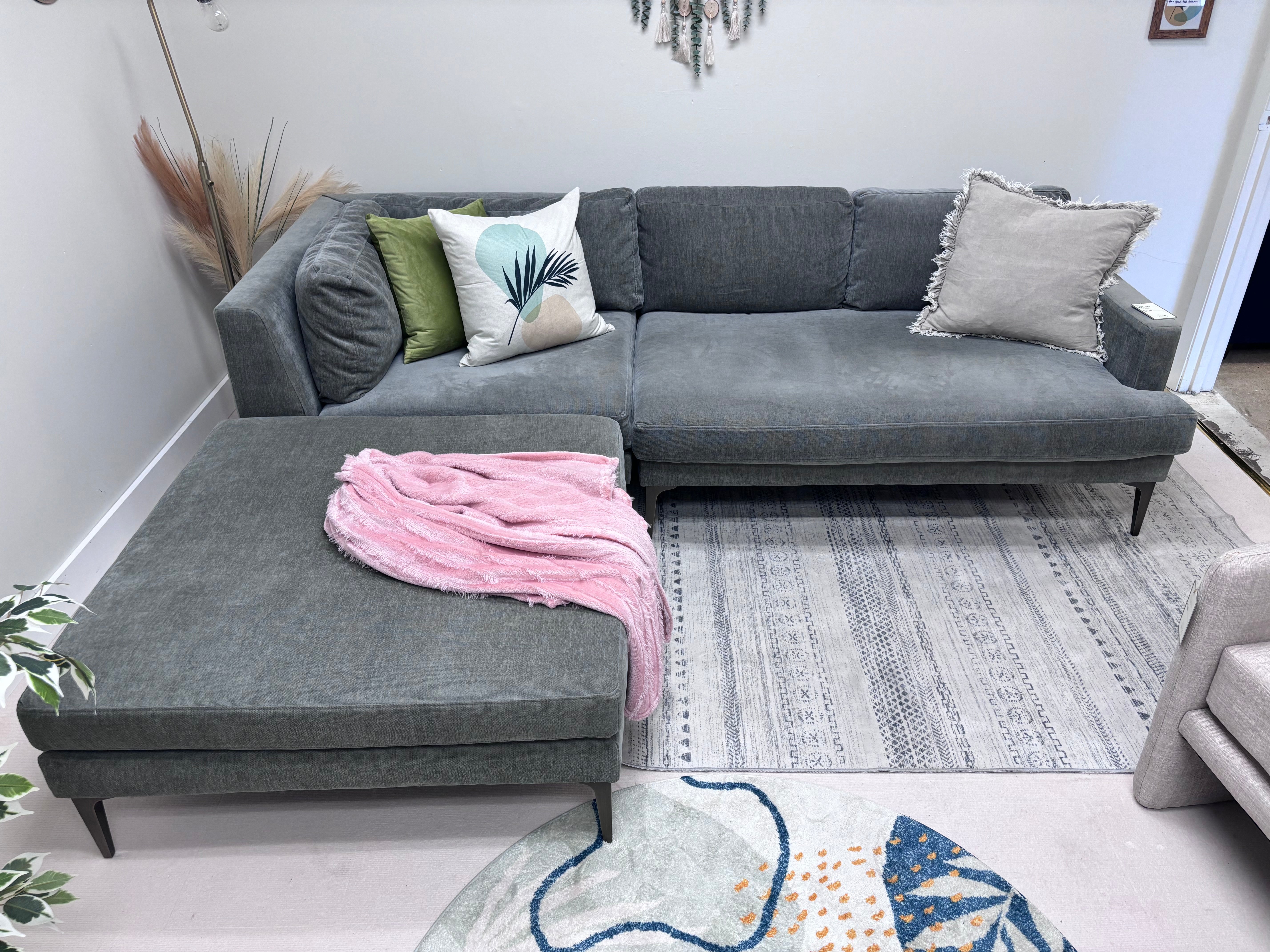 Grey Crushed Velvet West Elm Andes Left-Facing Chaise Sectional
