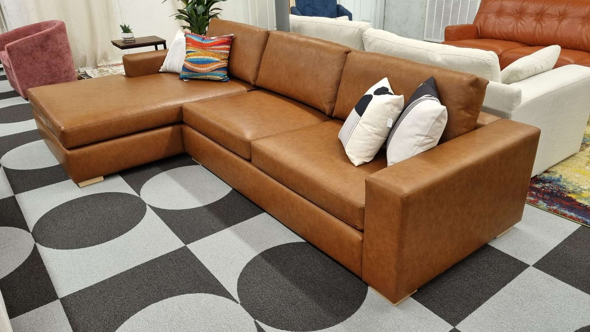 Cognac Vegan Leather Albany Park Barton Left-Facing Chaise Sectional - Reclaimed Elegance