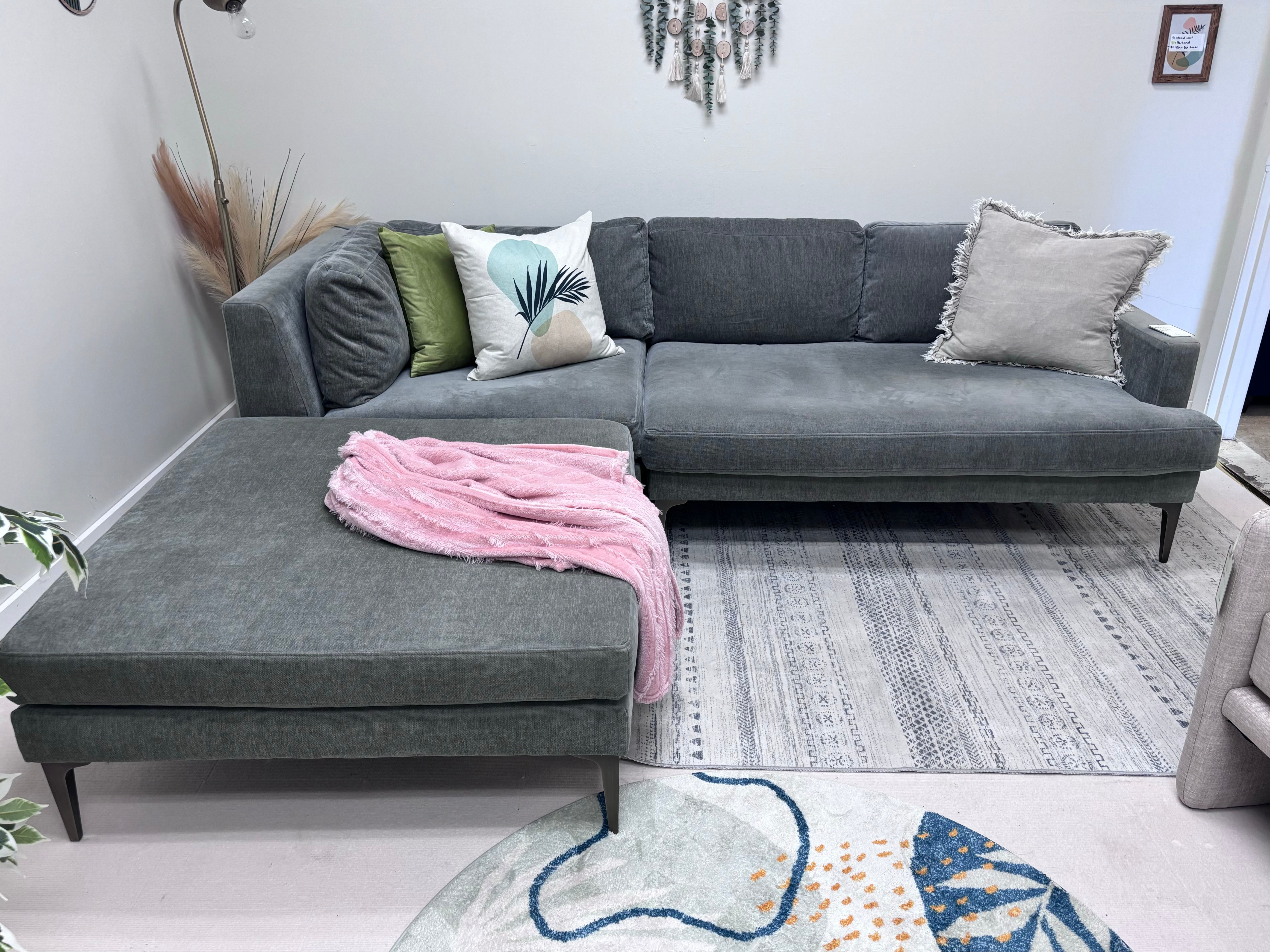 Grey Crushed Velvet West Elm Andes Left-Facing Chaise Sectional
