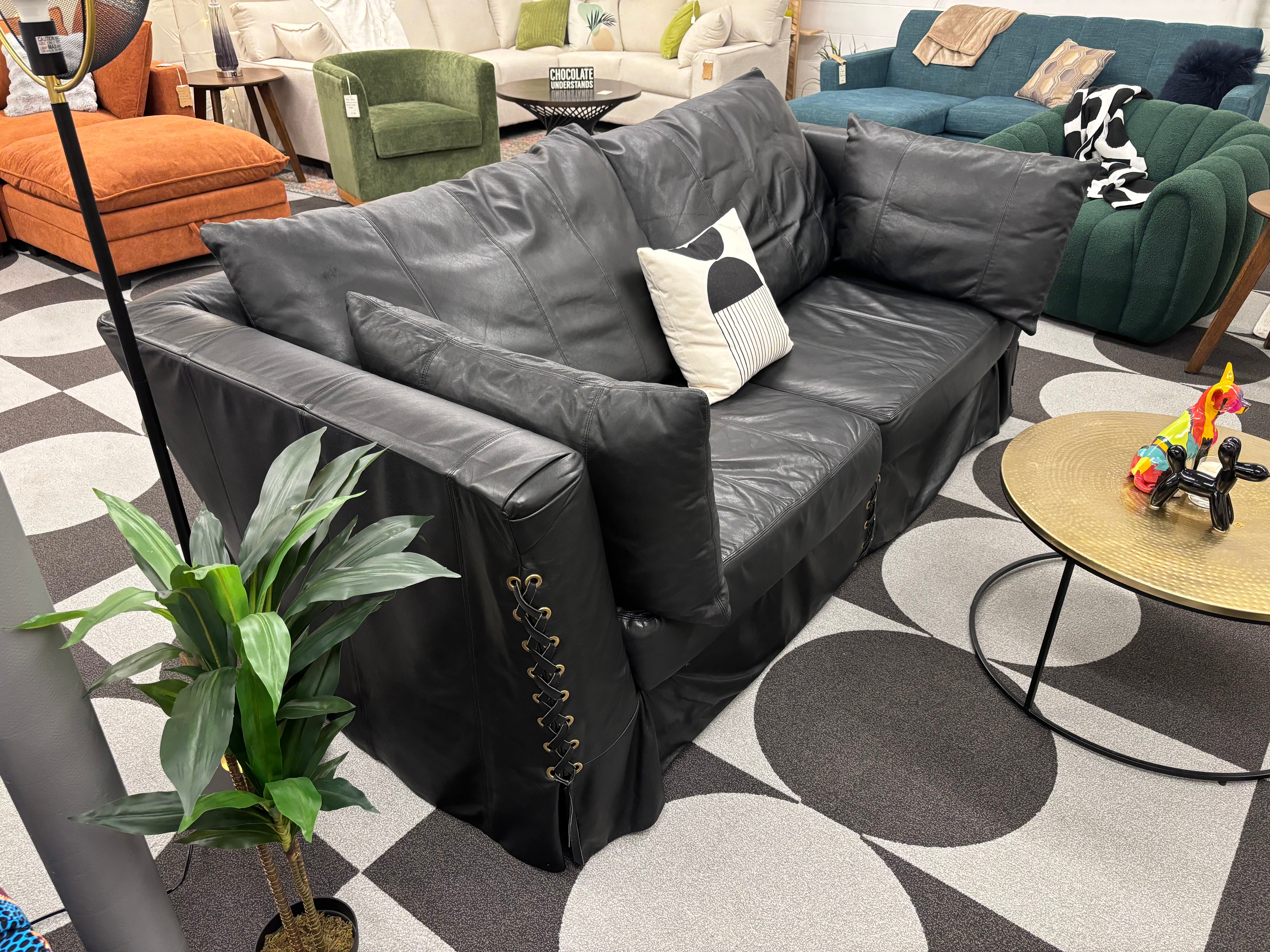 Black Leather Henredon Furniture Braided Decal Sofa - Reclaimed Elegance