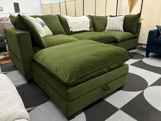 Olive Green Velvet SKY 2.0 Modular Sofa + Storage Ottoman