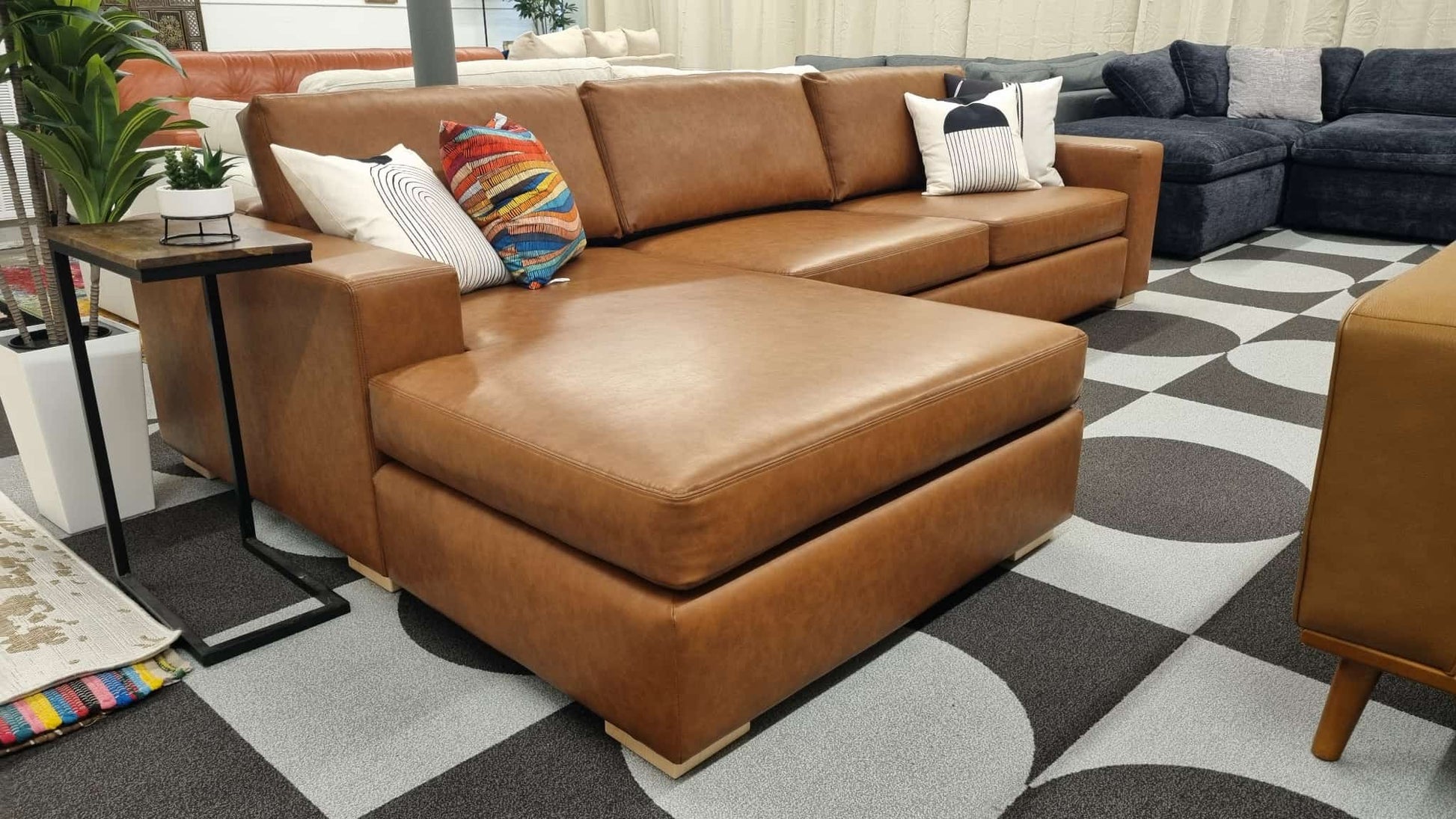 Cognac Vegan Leather Albany Park Barton Left-Facing Chaise Sectional - Reclaimed Elegance