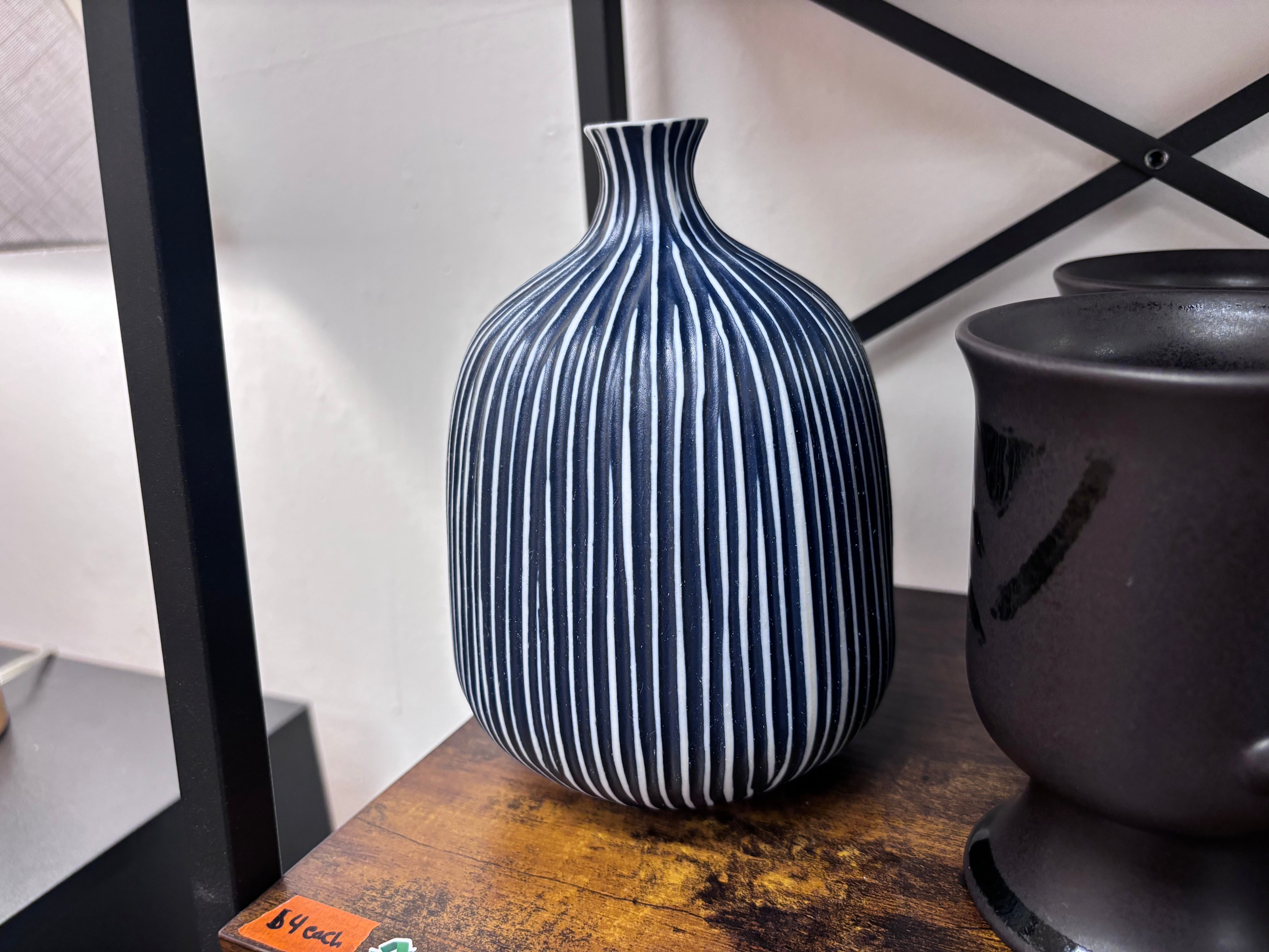 Blue & White Striped Vase - Reclaimed Elegance