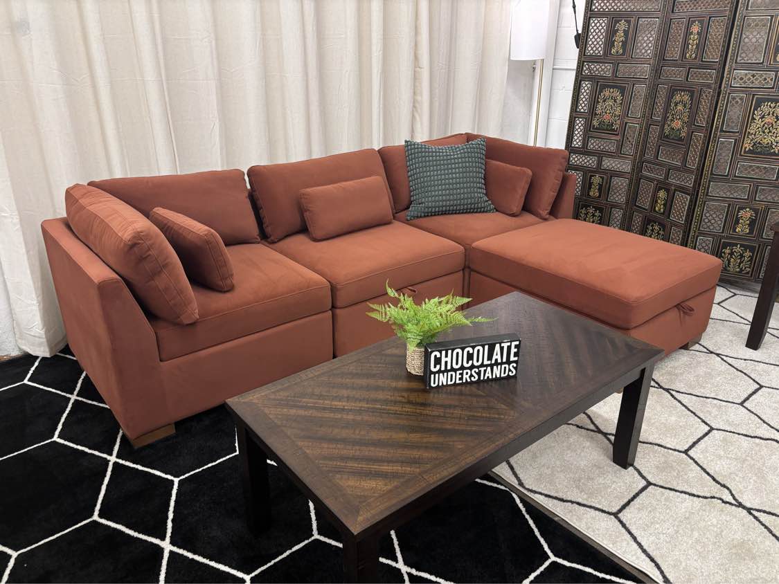 Rust Velvet World Market Montclair Modular Sofa + Storage Ottoman - Reclaimed Elegance