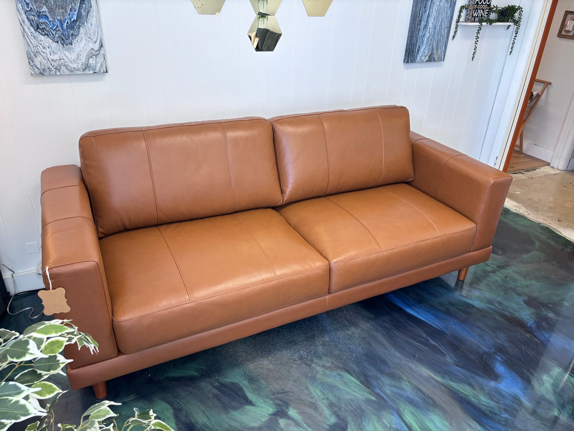 Whiskey Brown Top Grain Leather Hampton Sofa - Reclaimed Elegance