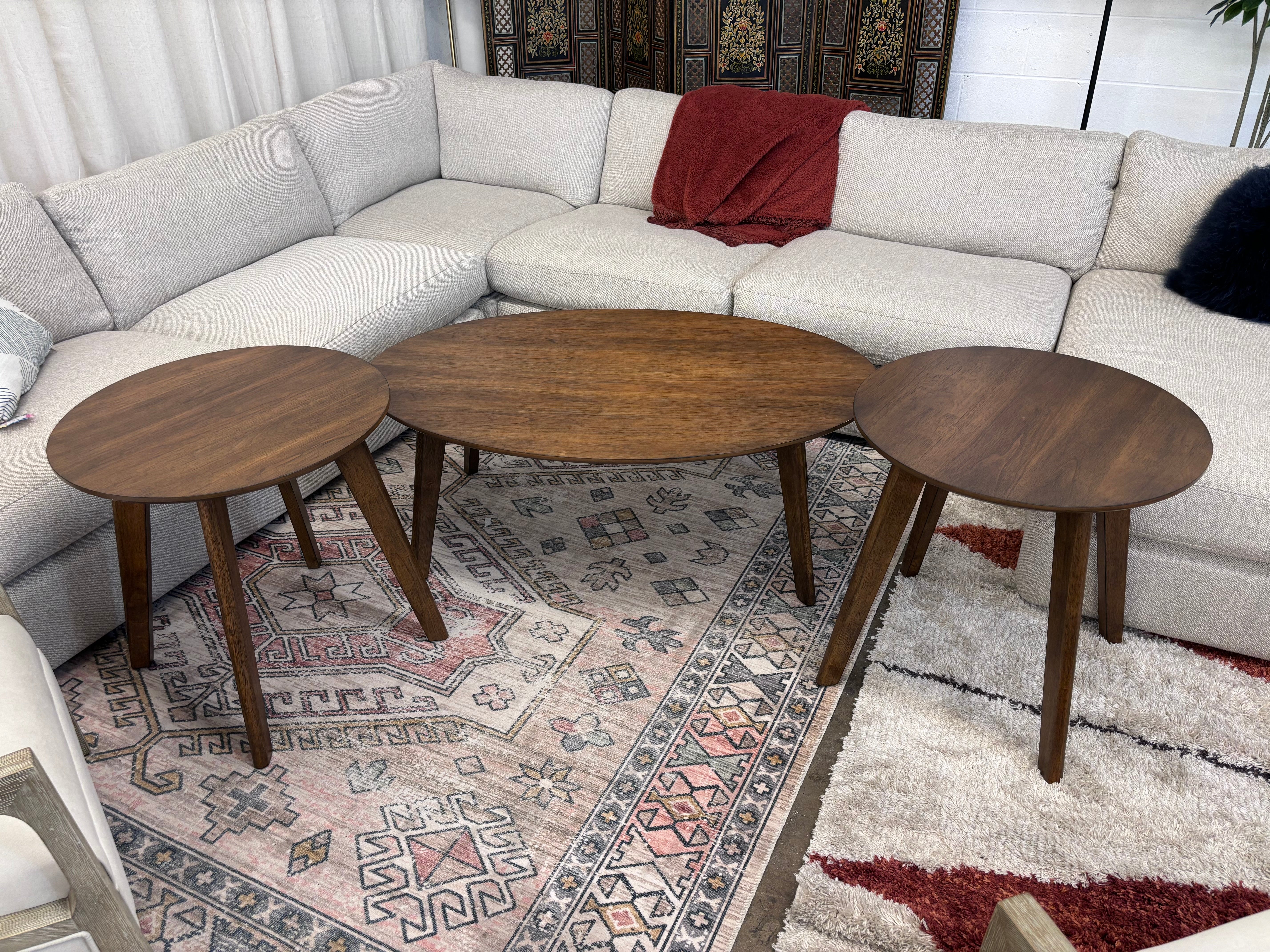 Walnut Theo MCM Round Coffee & End Table Set