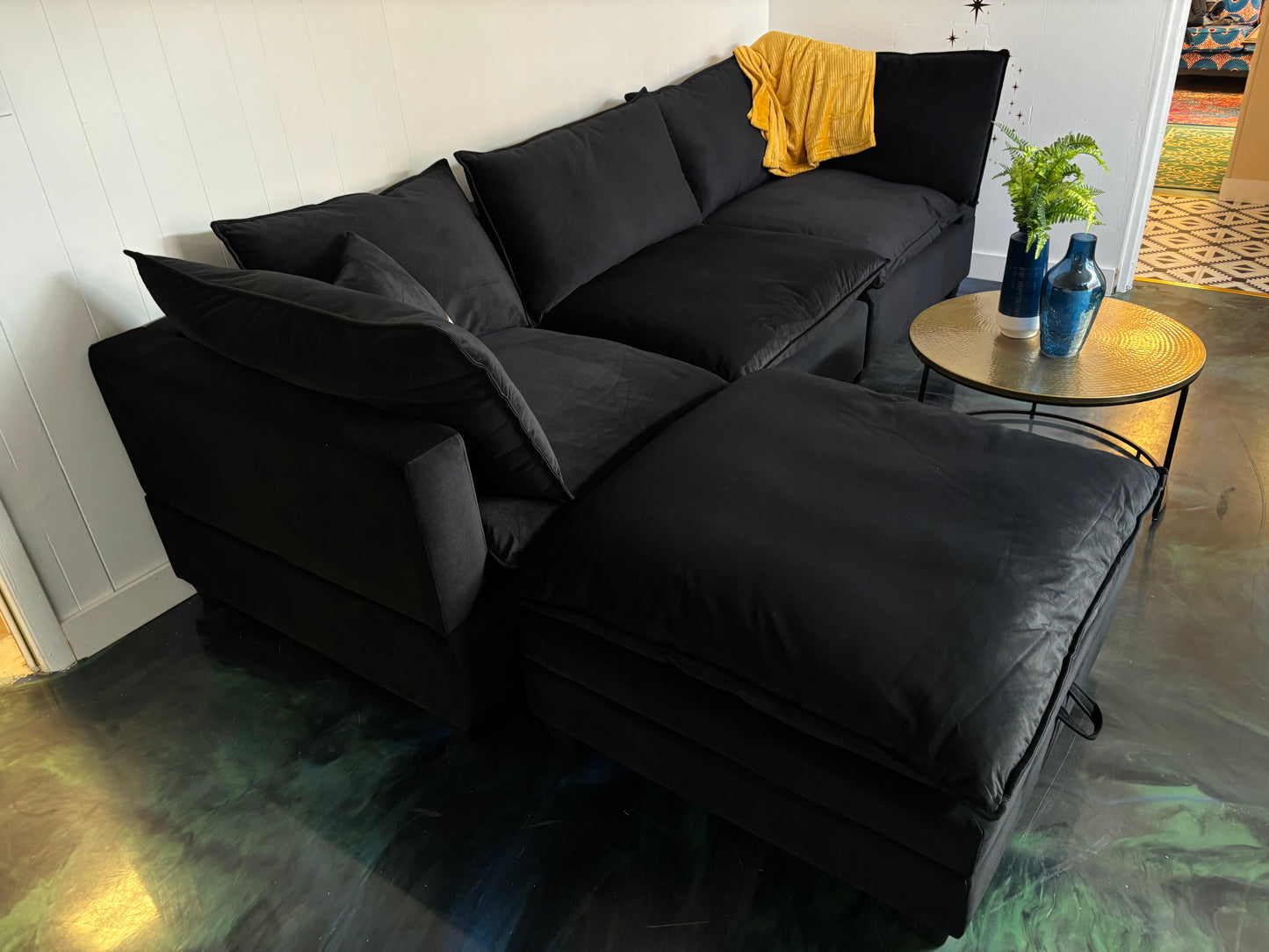 Onyx Black Velvet SKY 2.0 Modular Sofa + Storage Ottoman