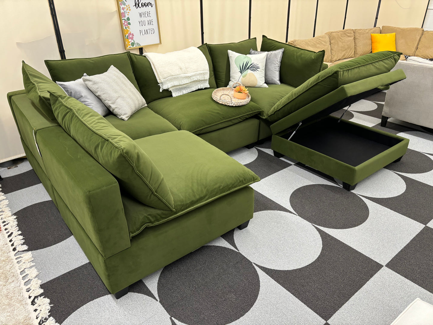 Olive Green Velvet SKY 2.0 Modular L-Shape + Storage Ottoman