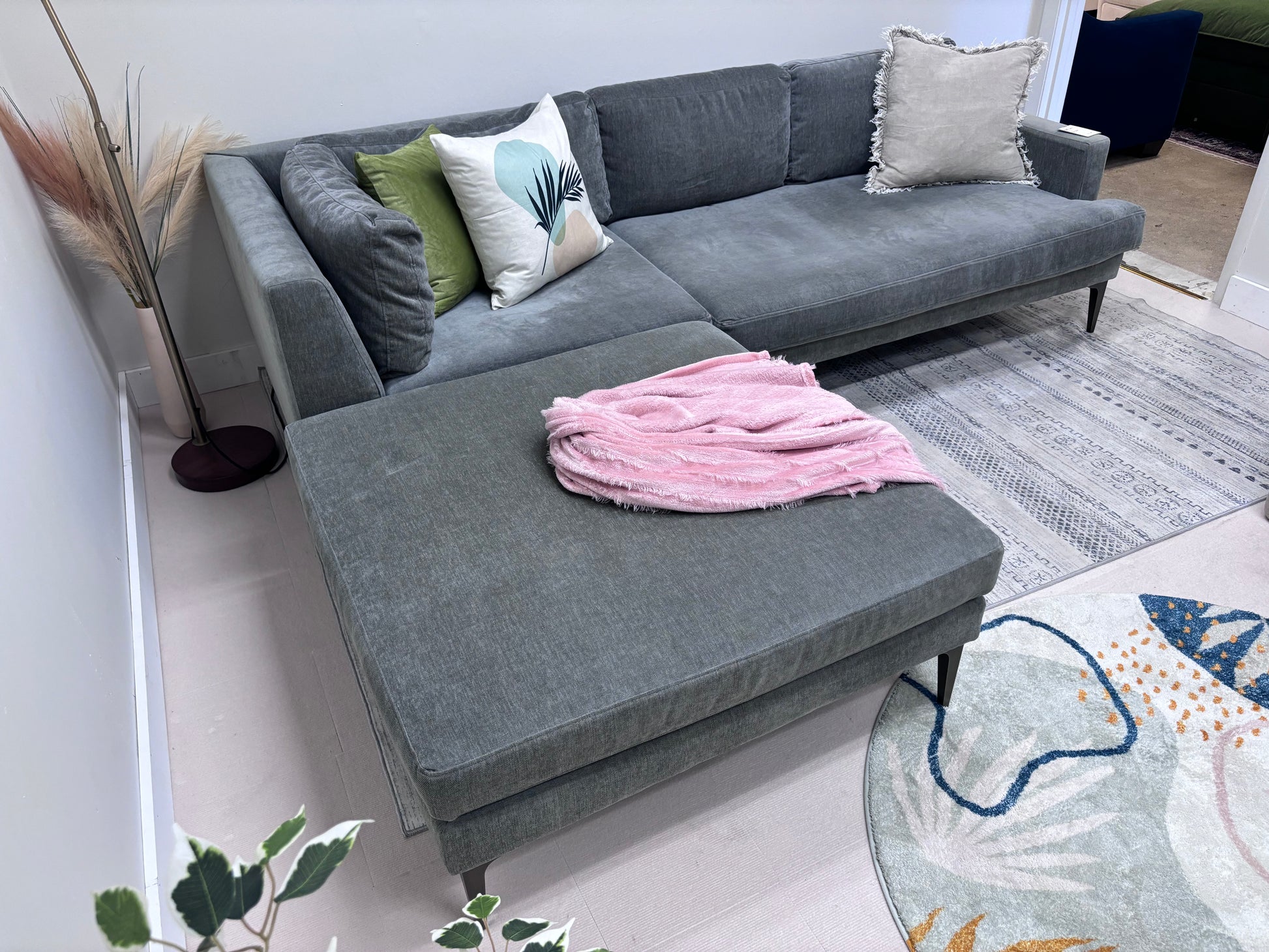 Grey Crushed Velvet West Elm Andes Left-Facing Chaise Sectional - Reclaimed Elegance