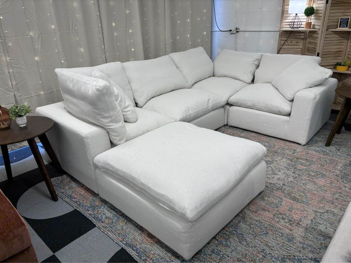 Cream Universal Slip-Covered Modular L-Shape + Ottoman