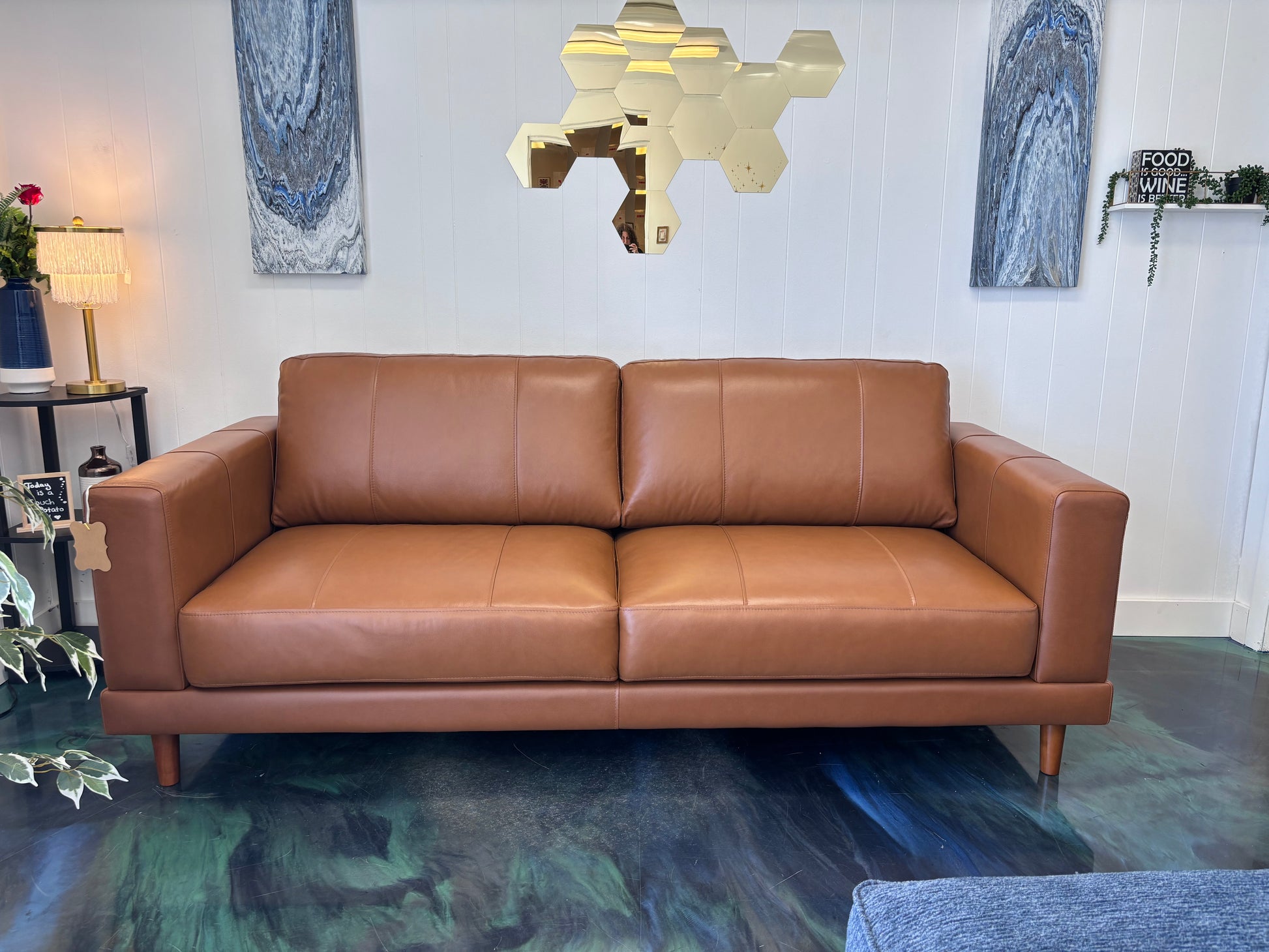Whiskey Brown Top Grain Leather Hampton Sofa - Reclaimed Elegance