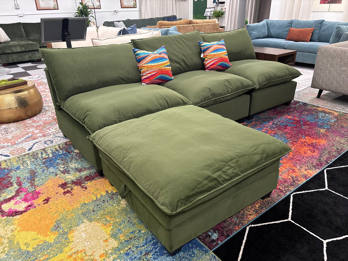 Olive Green Velvet SKY 2.0 3 Seat Armless Sofa + Storage Ottoman