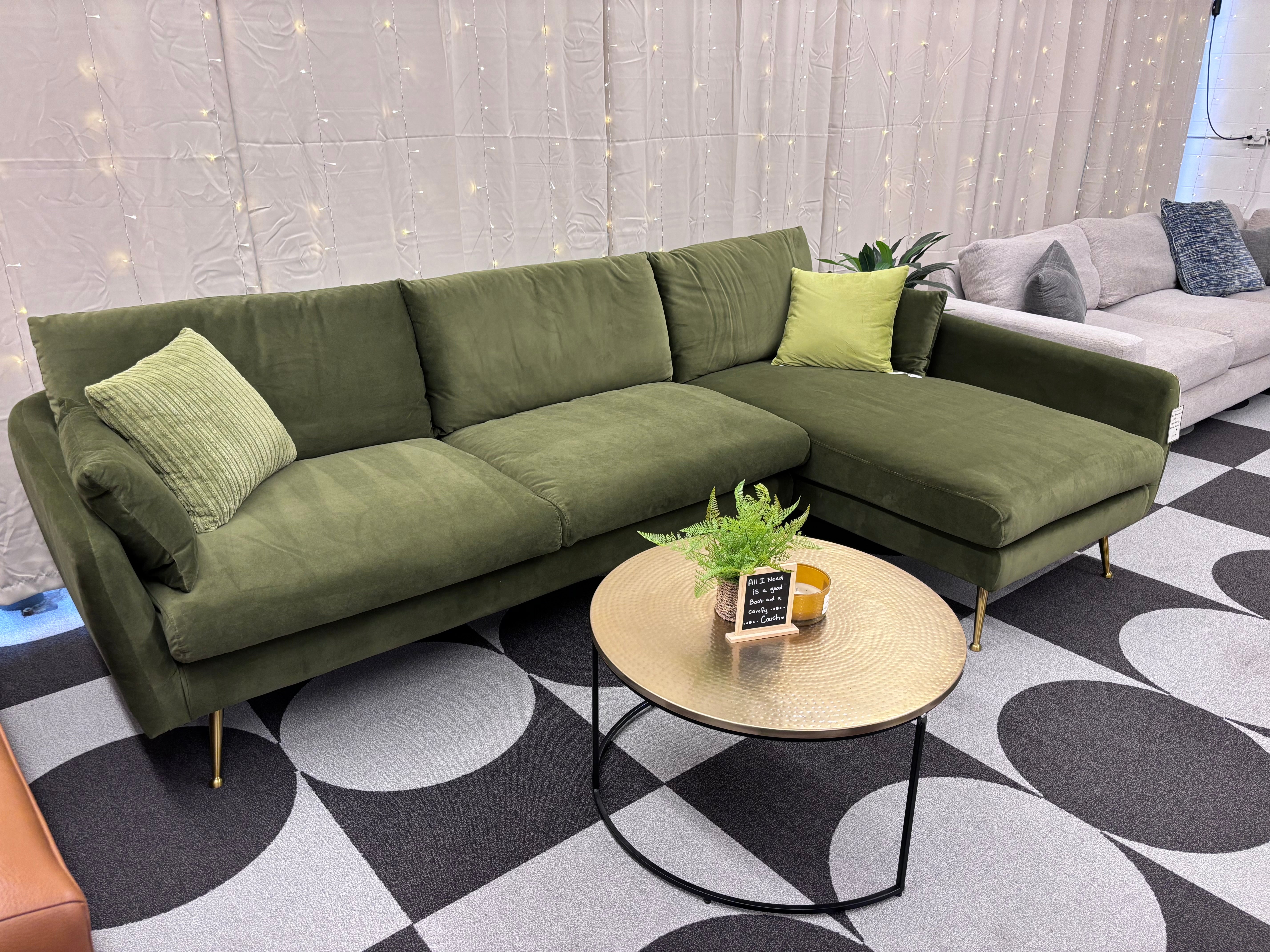 Olive Green Velvet Park Right Facing Sectional