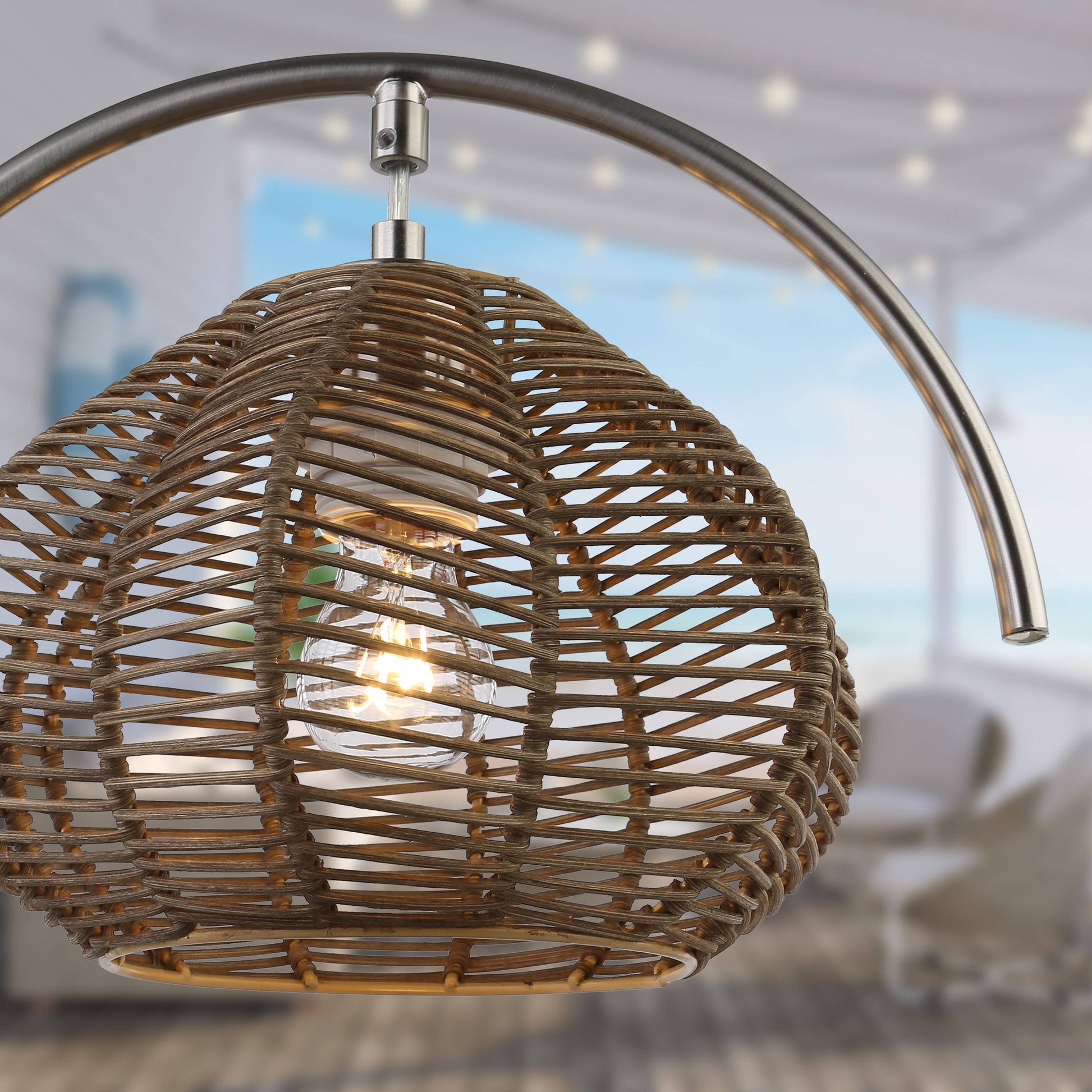 Brushed Nickel Iron Table Lamp with Tan Rattan Shade - Reclaimed Elegance