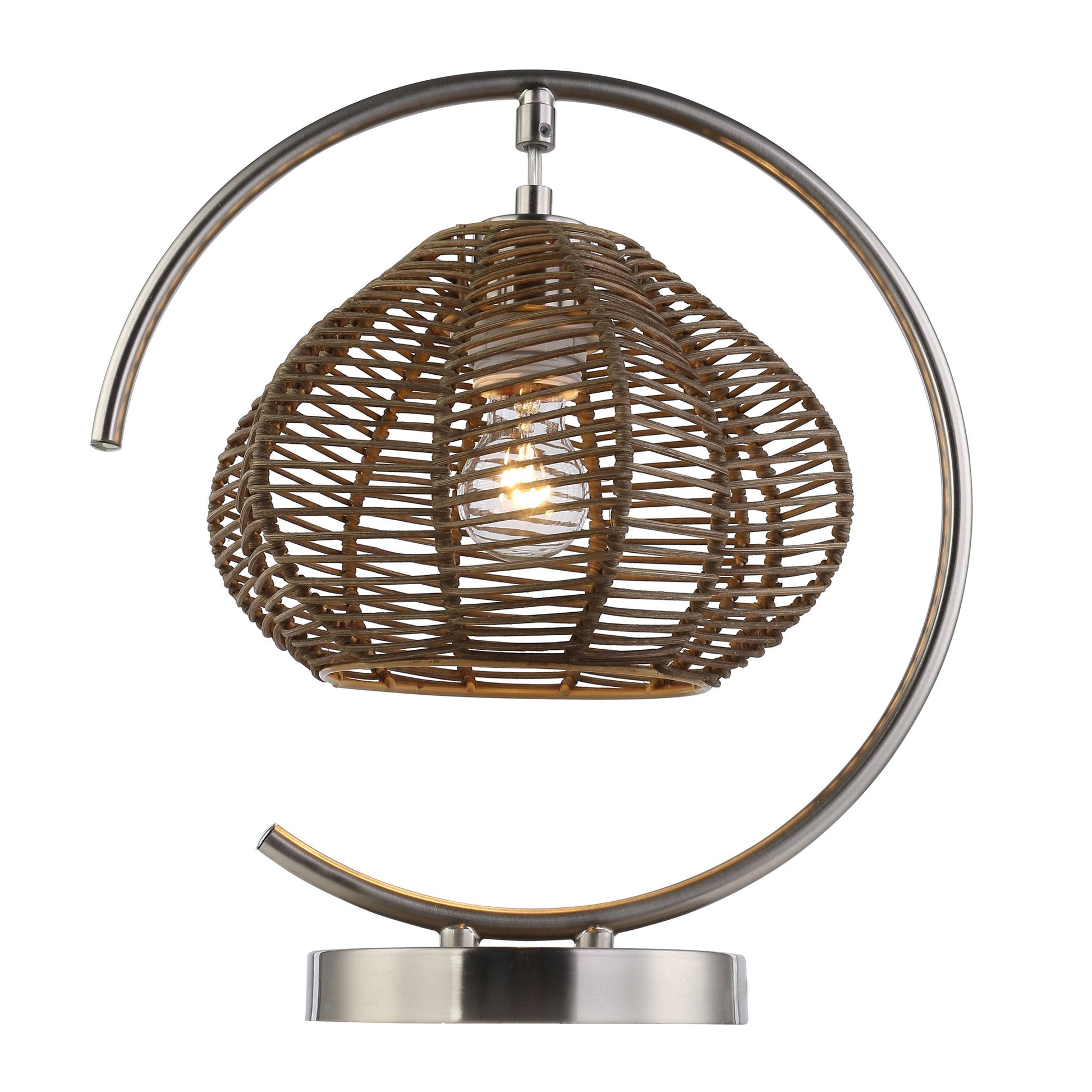 Brushed Nickel Iron Table Lamp with Tan Rattan Shade - Reclaimed Elegance