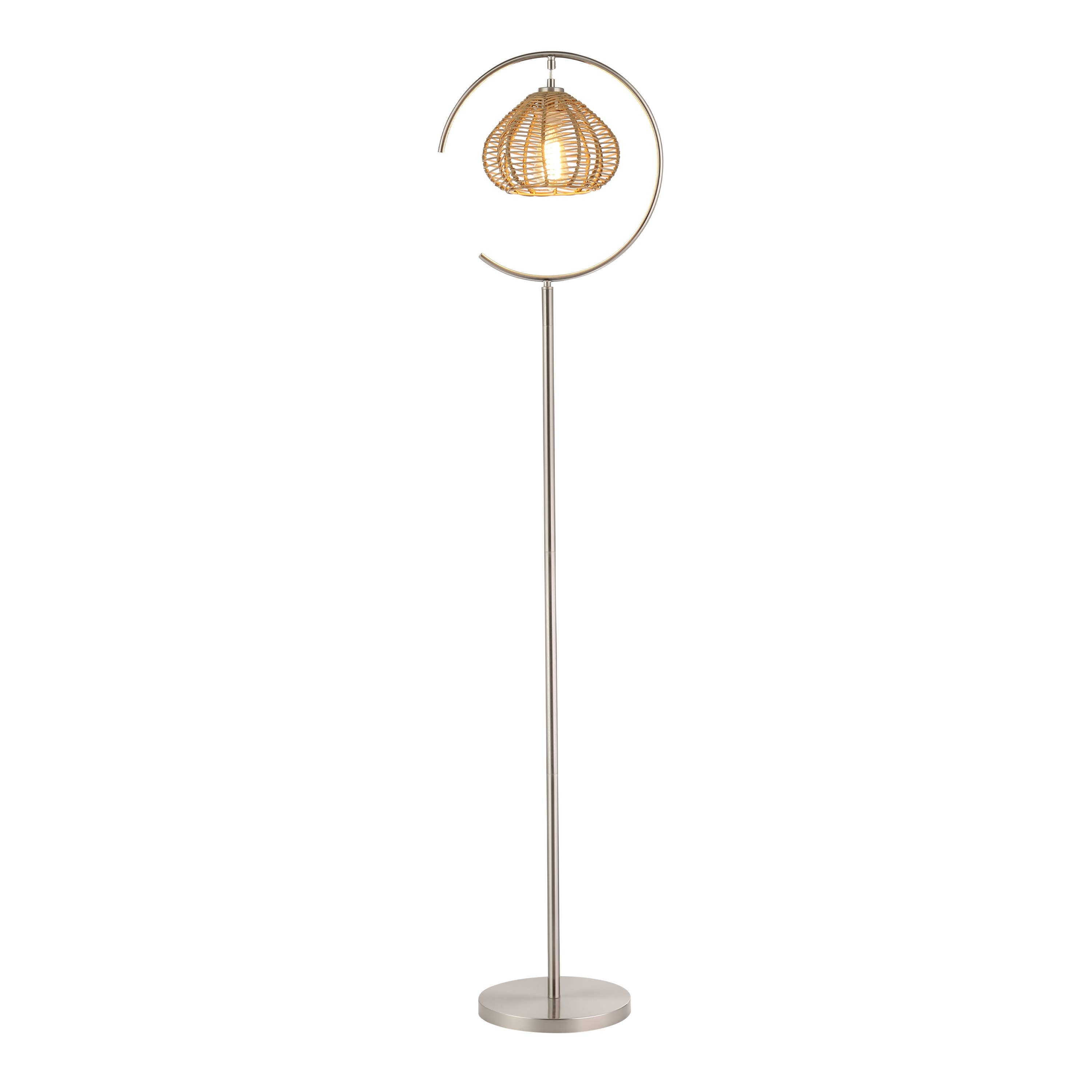 Brushed Nickel Iron Floor Lamp & Tan Rattan Shade - Reclaimed Elegance