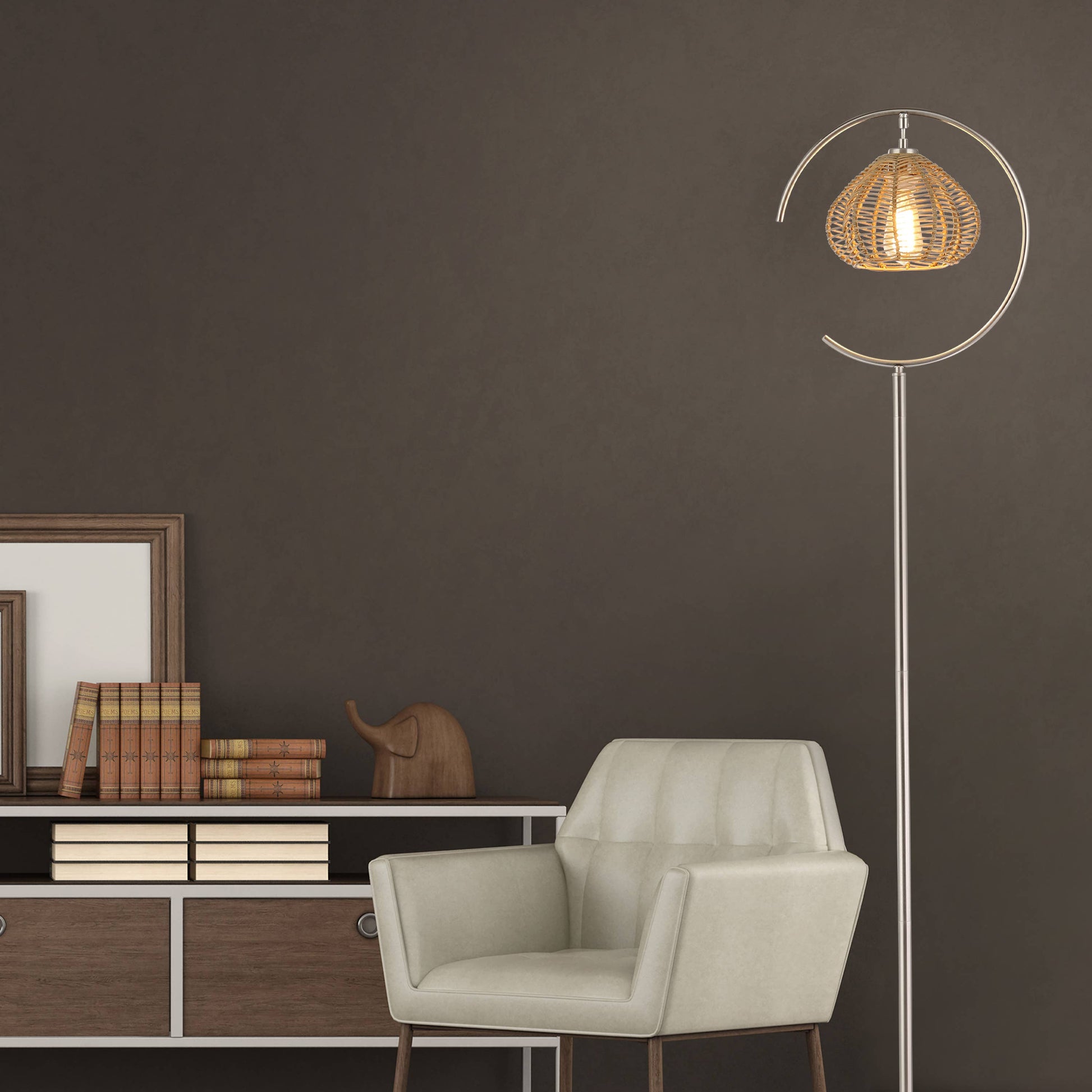Brushed Nickel Iron Floor Lamp & Tan Rattan Shade - Reclaimed Elegance