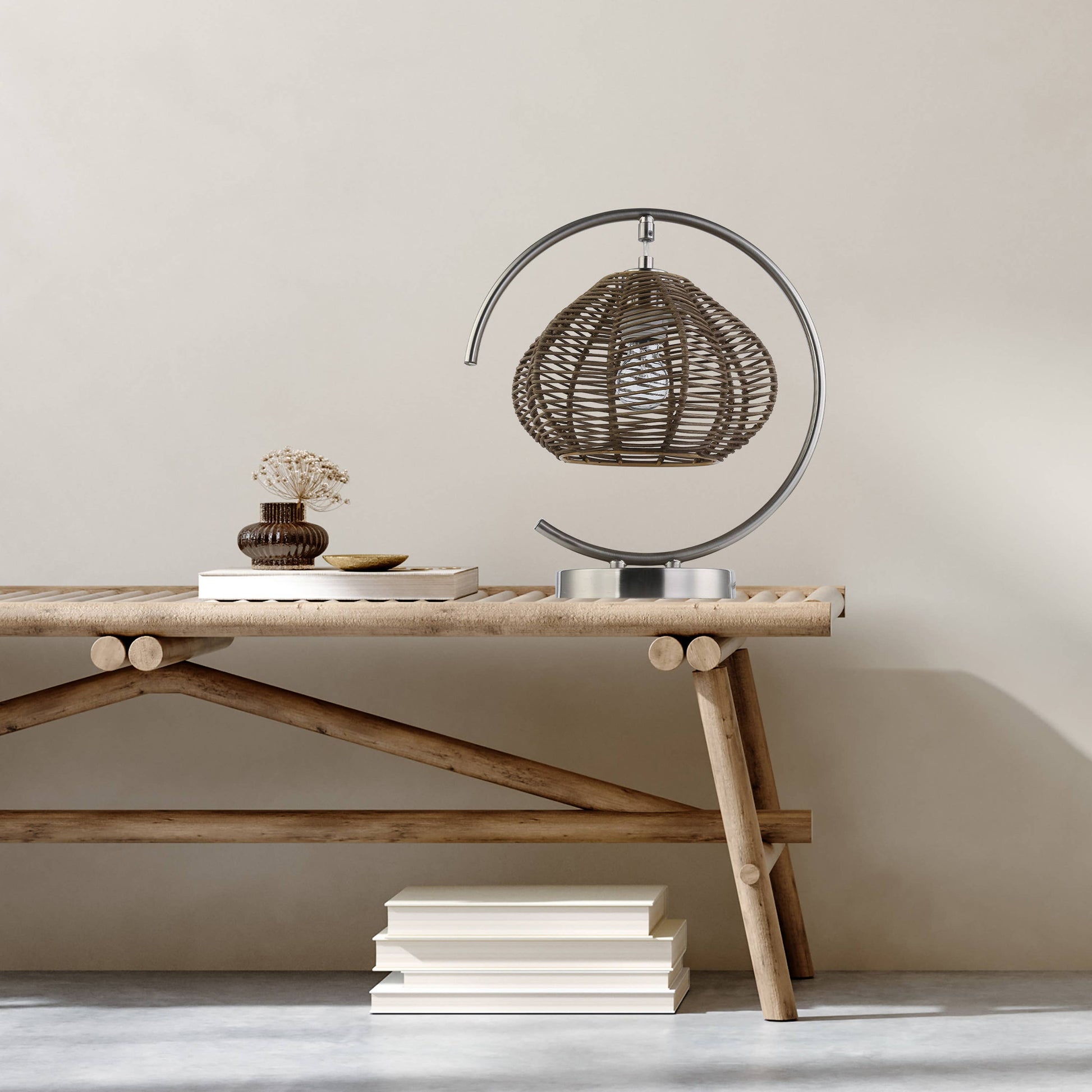 Brushed Nickel Iron Table Lamp with Tan Rattan Shade - Reclaimed Elegance