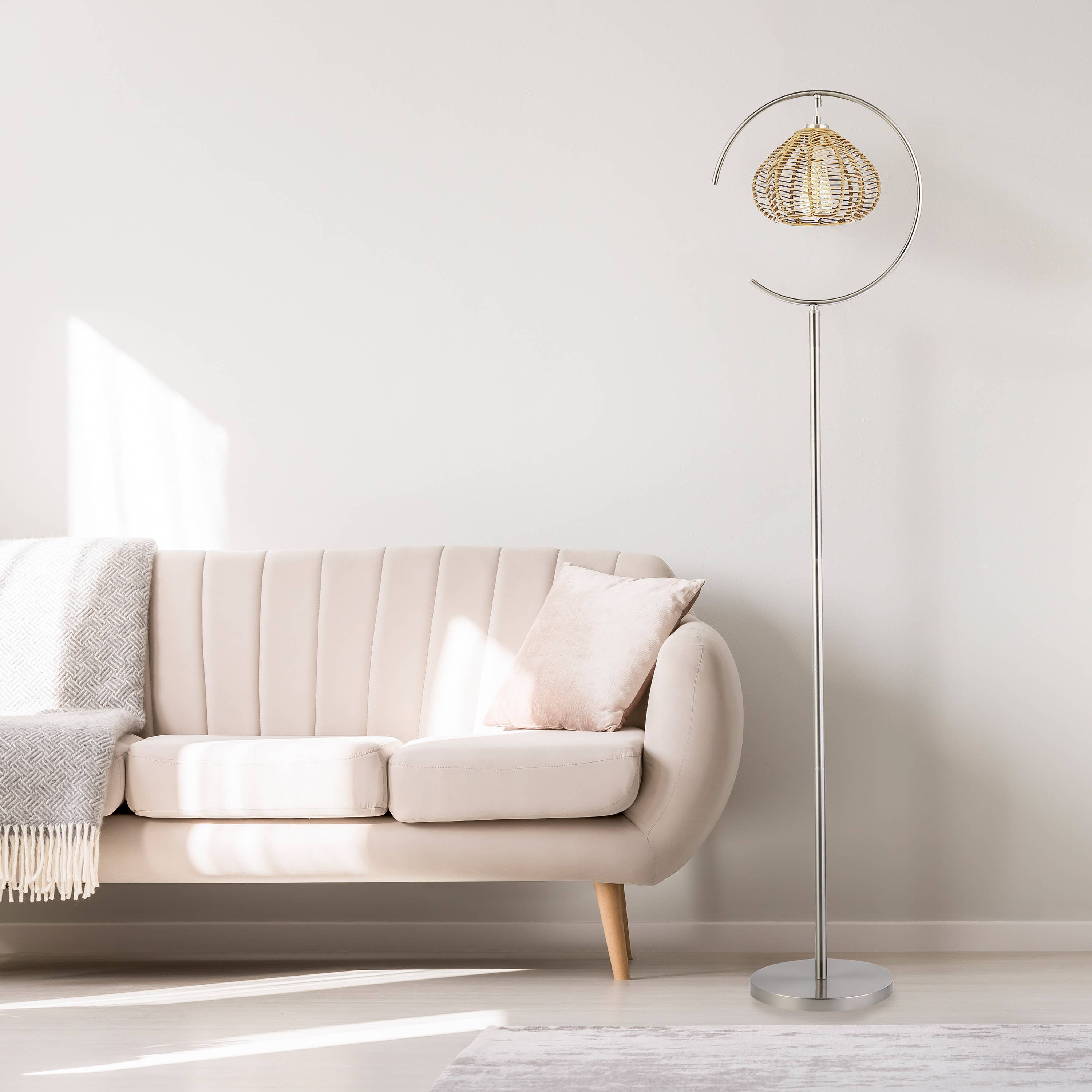 Brushed Nickel Iron Floor Lamp & Tan Rattan Shade - Reclaimed Elegance