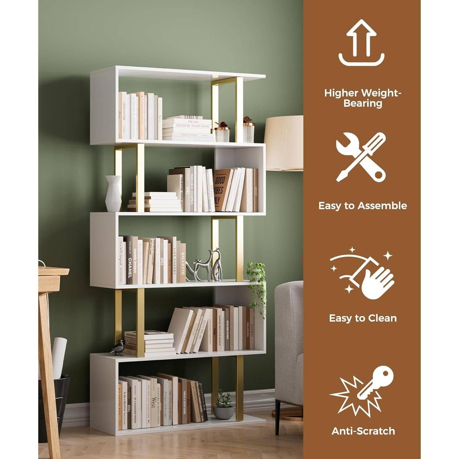 Gold & White 5 Tier S Shaped Bookcase - Reclaimed Elegance
