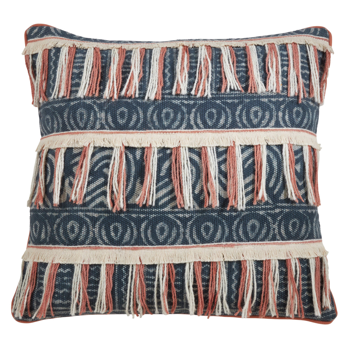 Block Print Embroidered Fringed Pillow 22"