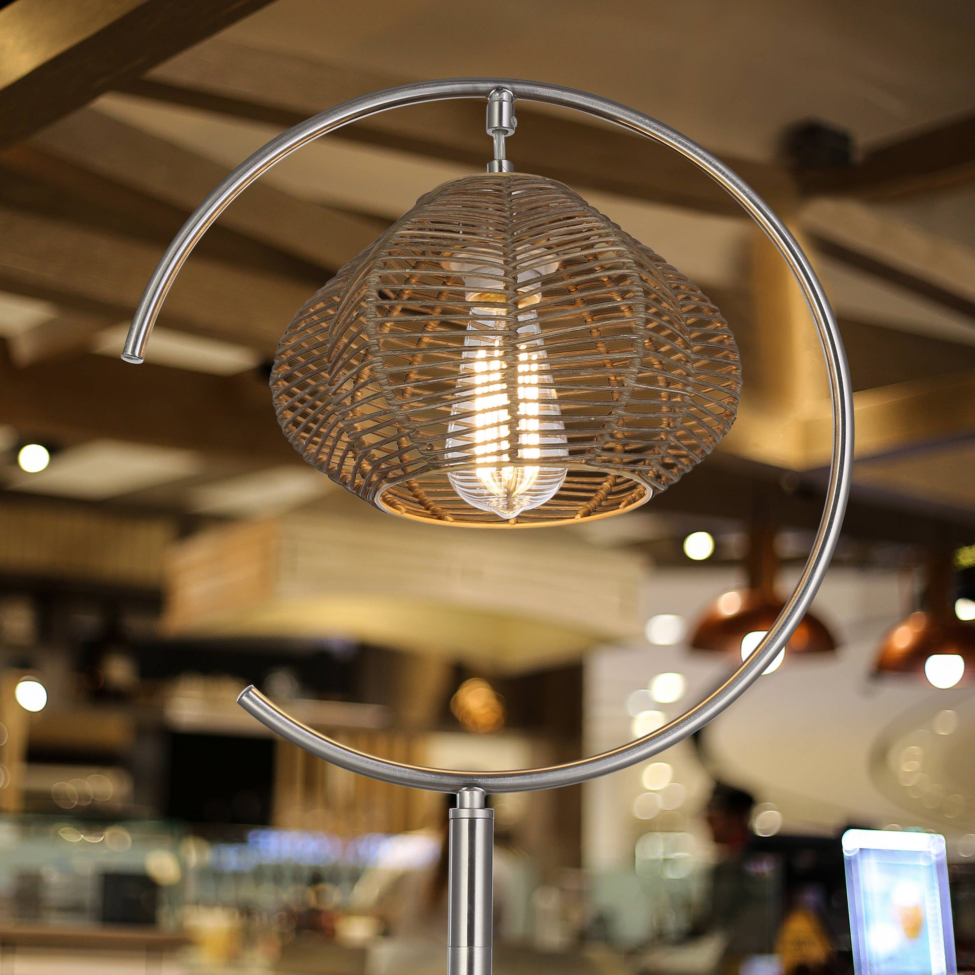 Brushed Nickel Iron Floor Lamp & Tan Rattan Shade - Reclaimed Elegance