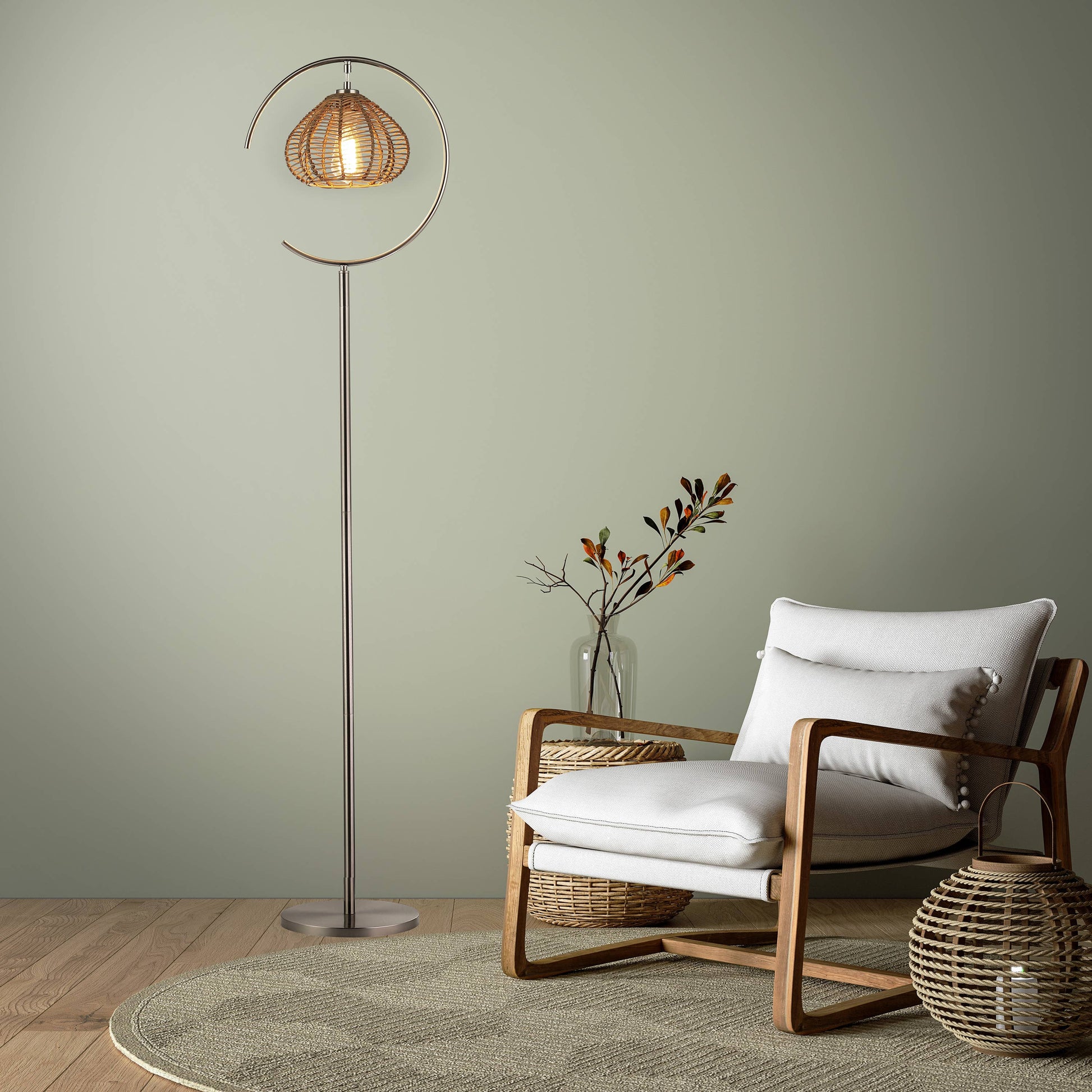 Brushed Nickel Iron Floor Lamp & Tan Rattan Shade - Reclaimed Elegance