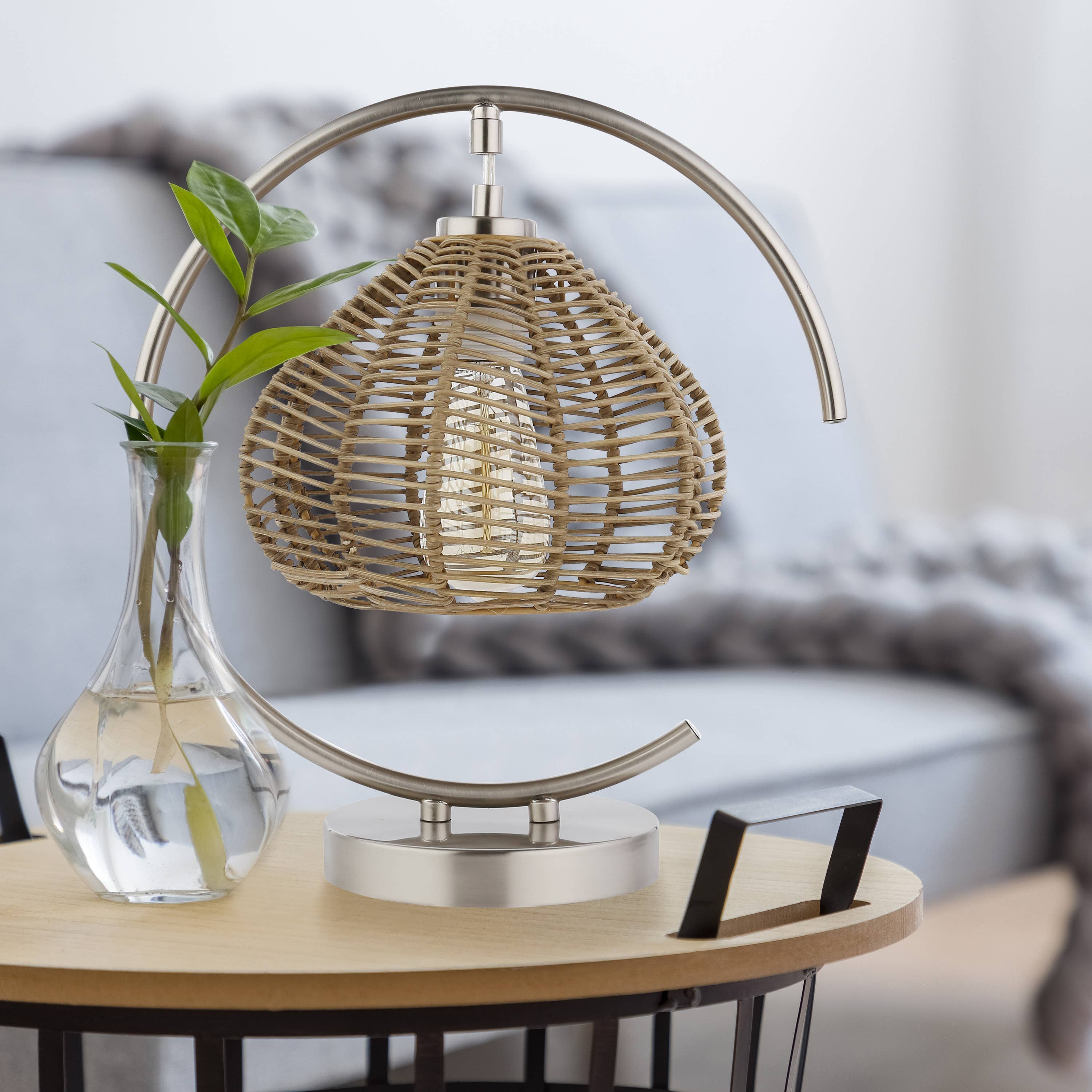 Brushed Nickel Iron Table Lamp with Tan Rattan Shade - Reclaimed Elegance