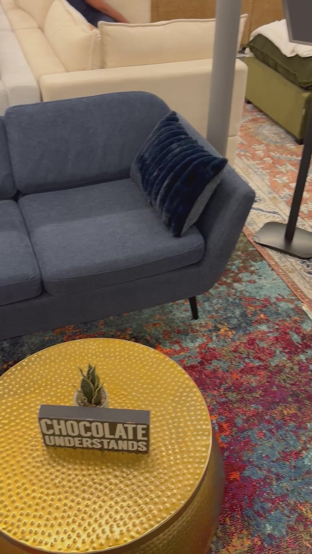 Load video: Denim Blue MCM Style Reversible Chaise Sectional