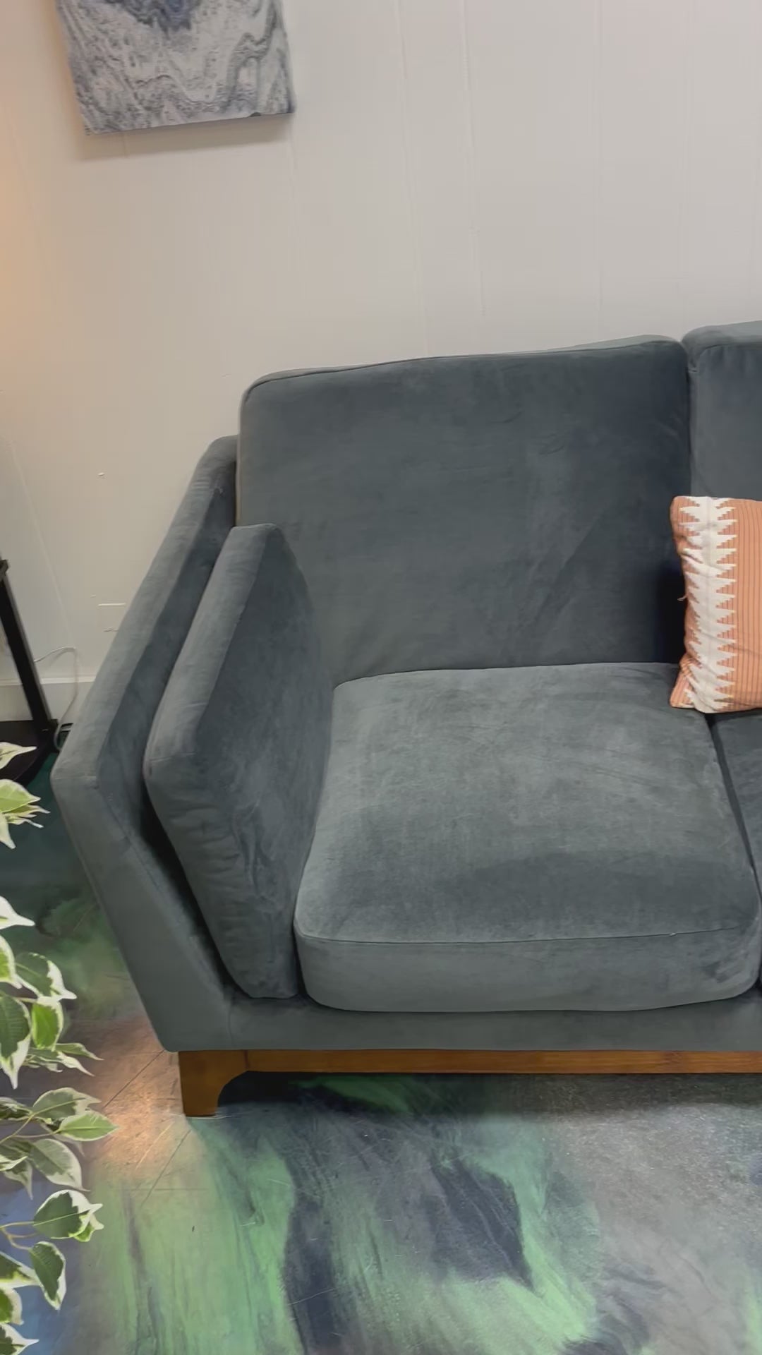 Load video: Denim Blue Velvet Article Ceni Sofa