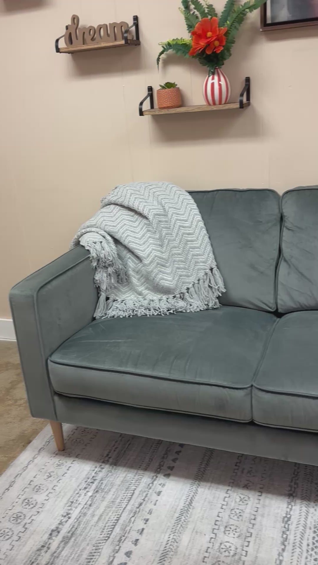 Load video: Steel Blue Velvet MCM Style Sofa