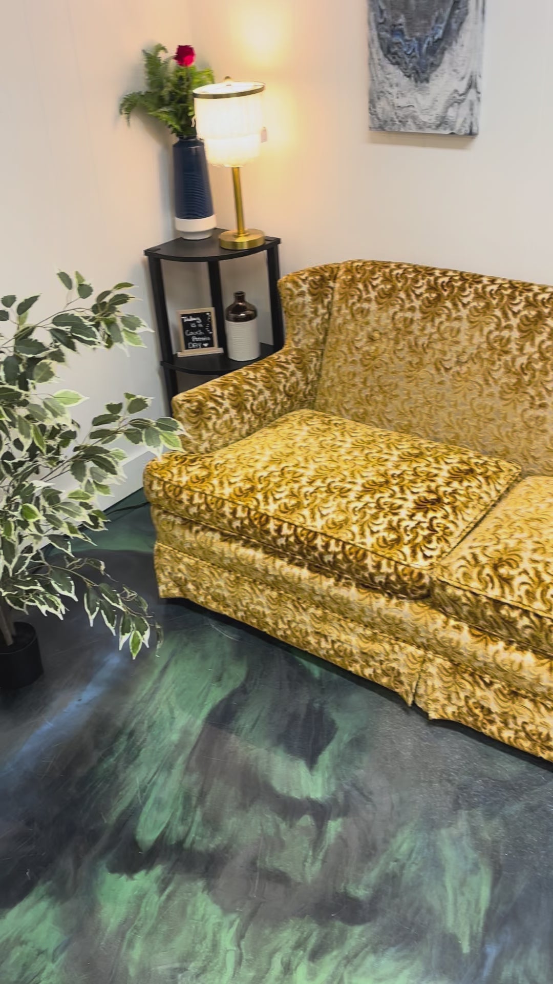 Load video: Gold Patterned Vintage Sofa