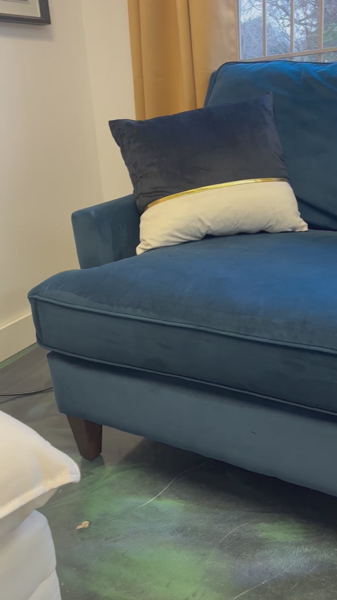Load video: Ink Blue Velvet Pottery Barn Cameron Sofa