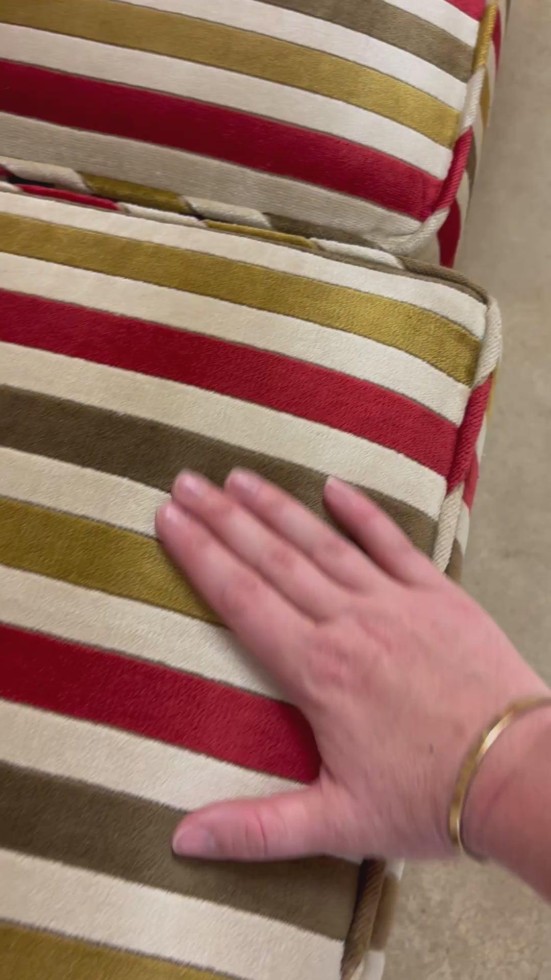 Load video: Striped Velvet Vintage 1973 Highland House Sofa