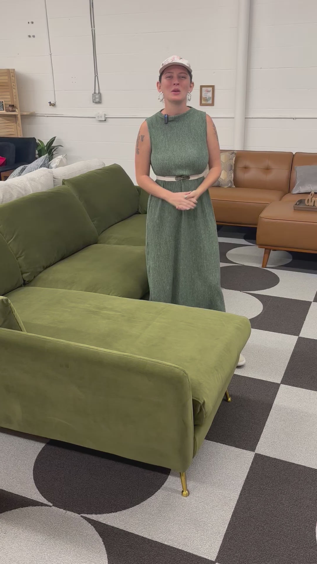 Load video: Olive Green Velvet Park Left Facing Sectional