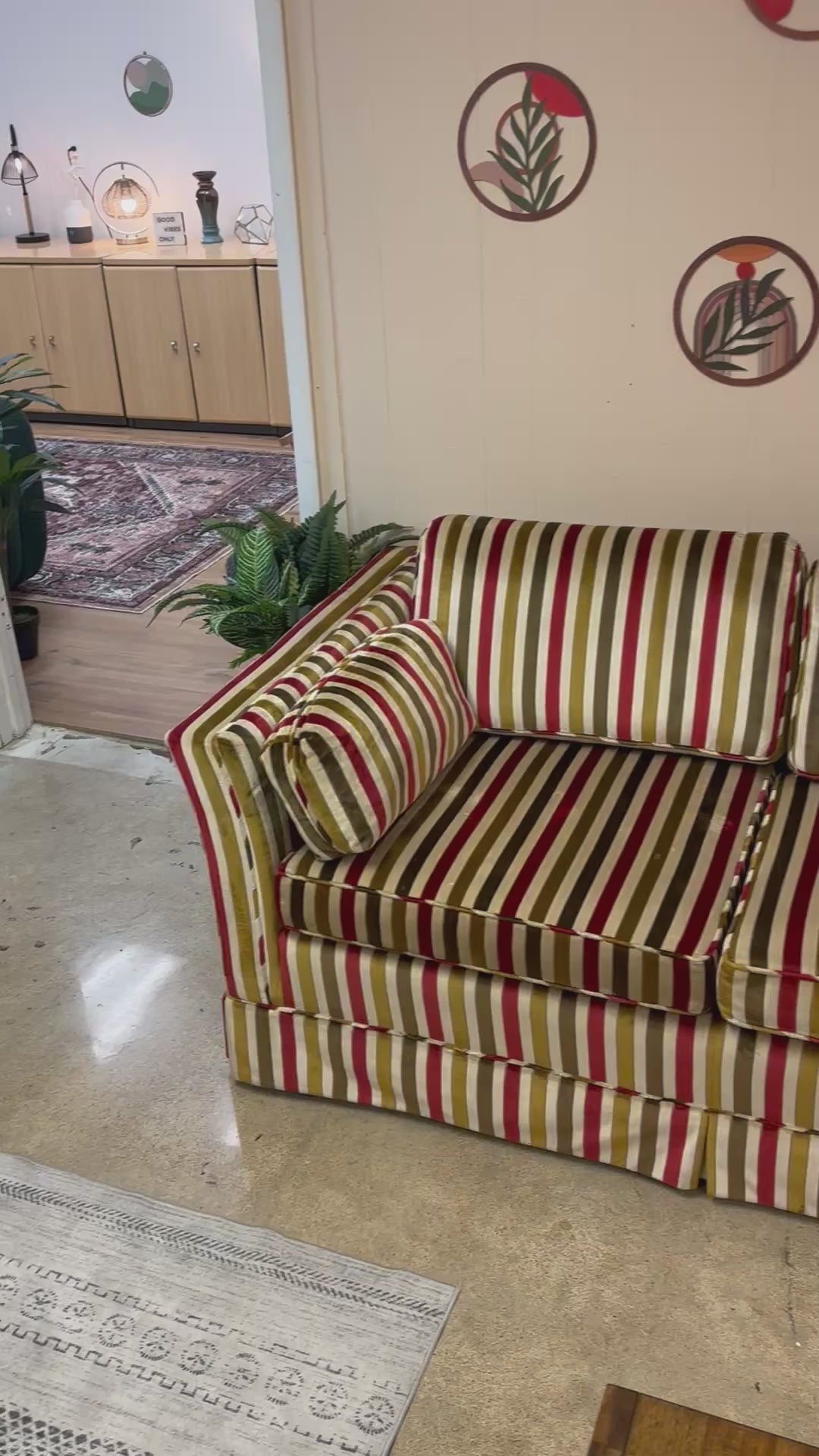 Load video: Striped Velvet Vintage 1973 Highland House Sofa