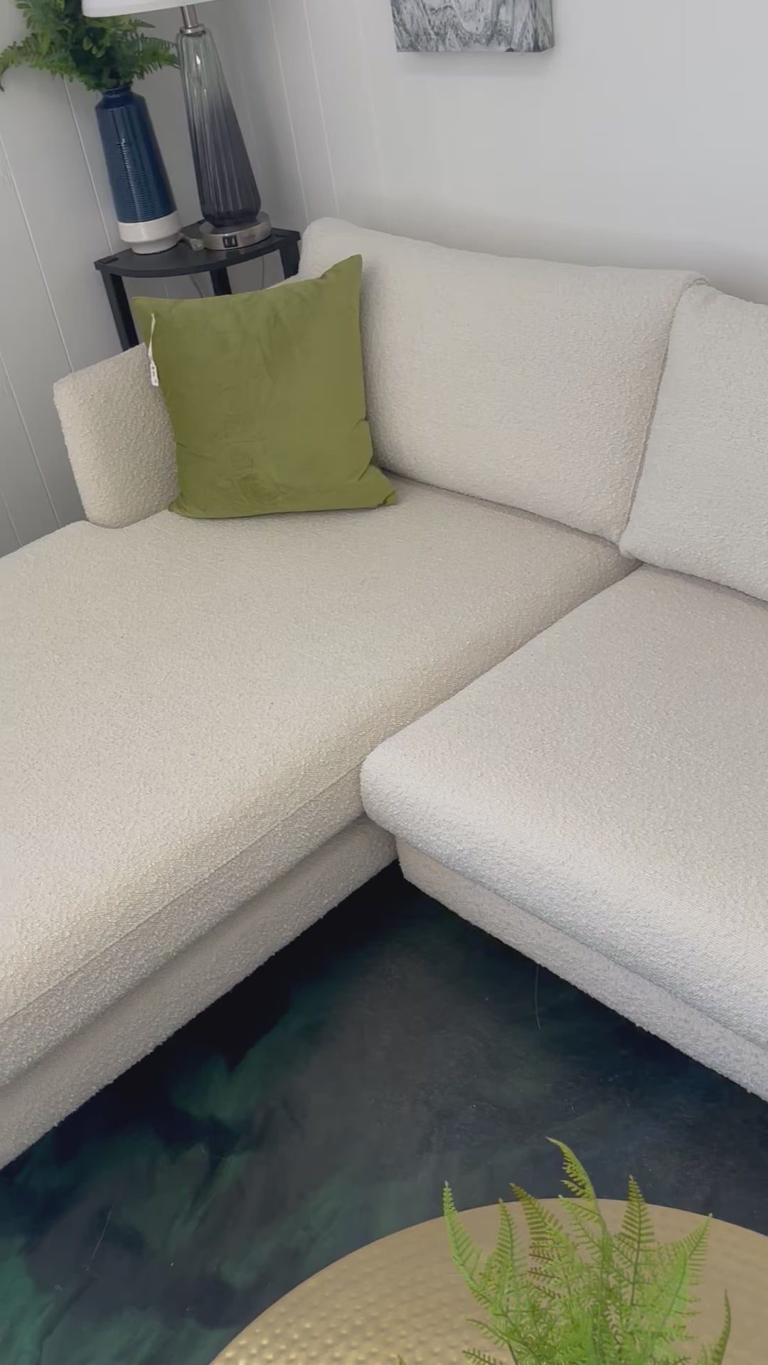 Load video: Ivory Cream Boucle&#39; All Modern Miller Left-Facing Chaise Sectional