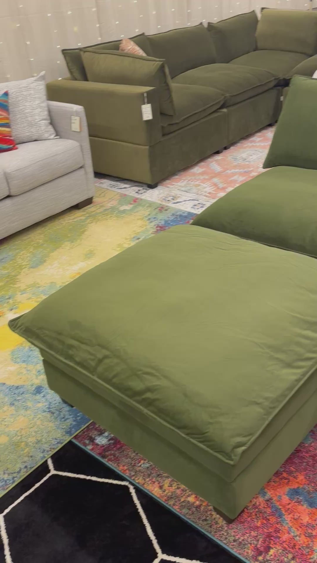 Load video: Olive Green Velvet SKY 2.0 3 Seat Armless Sofa + Storage Ottoman
