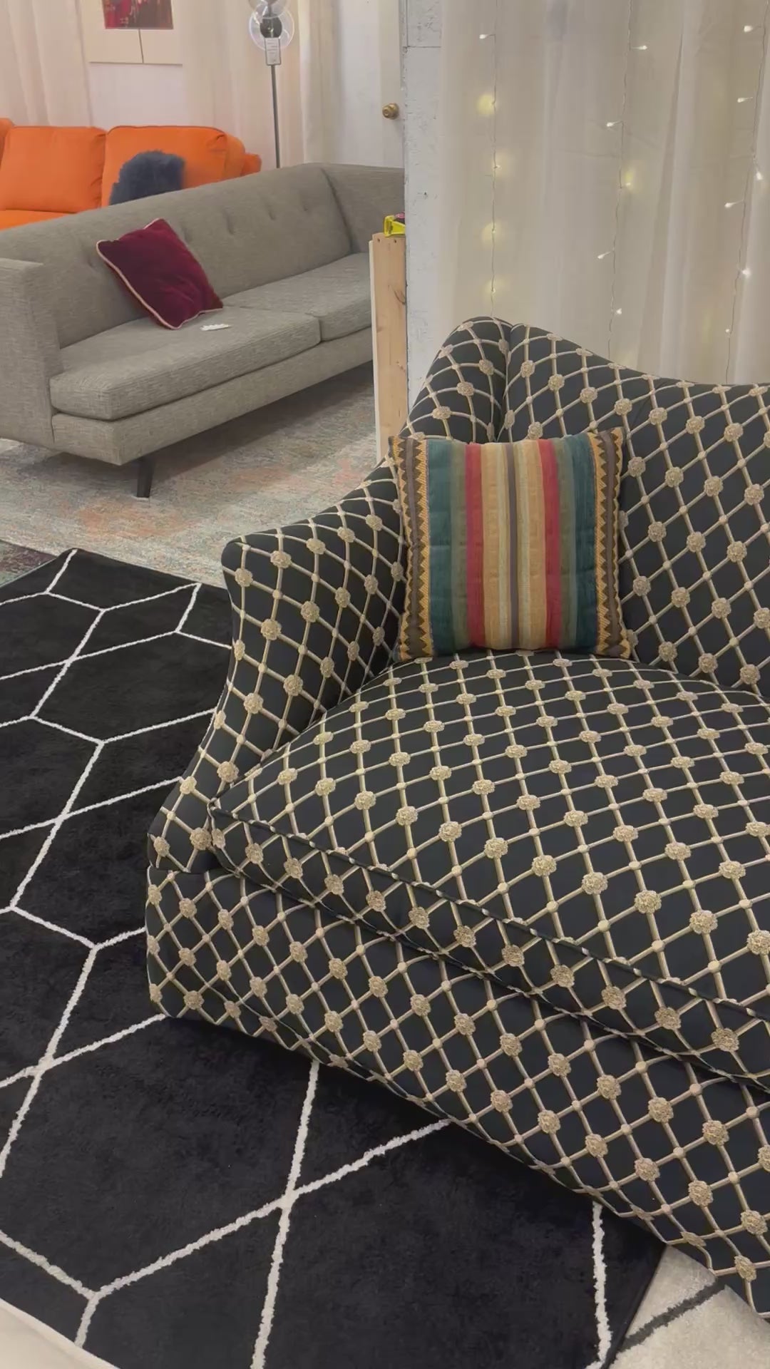 Load video: Black &amp; Gold LT Designs Winged Back Sofa