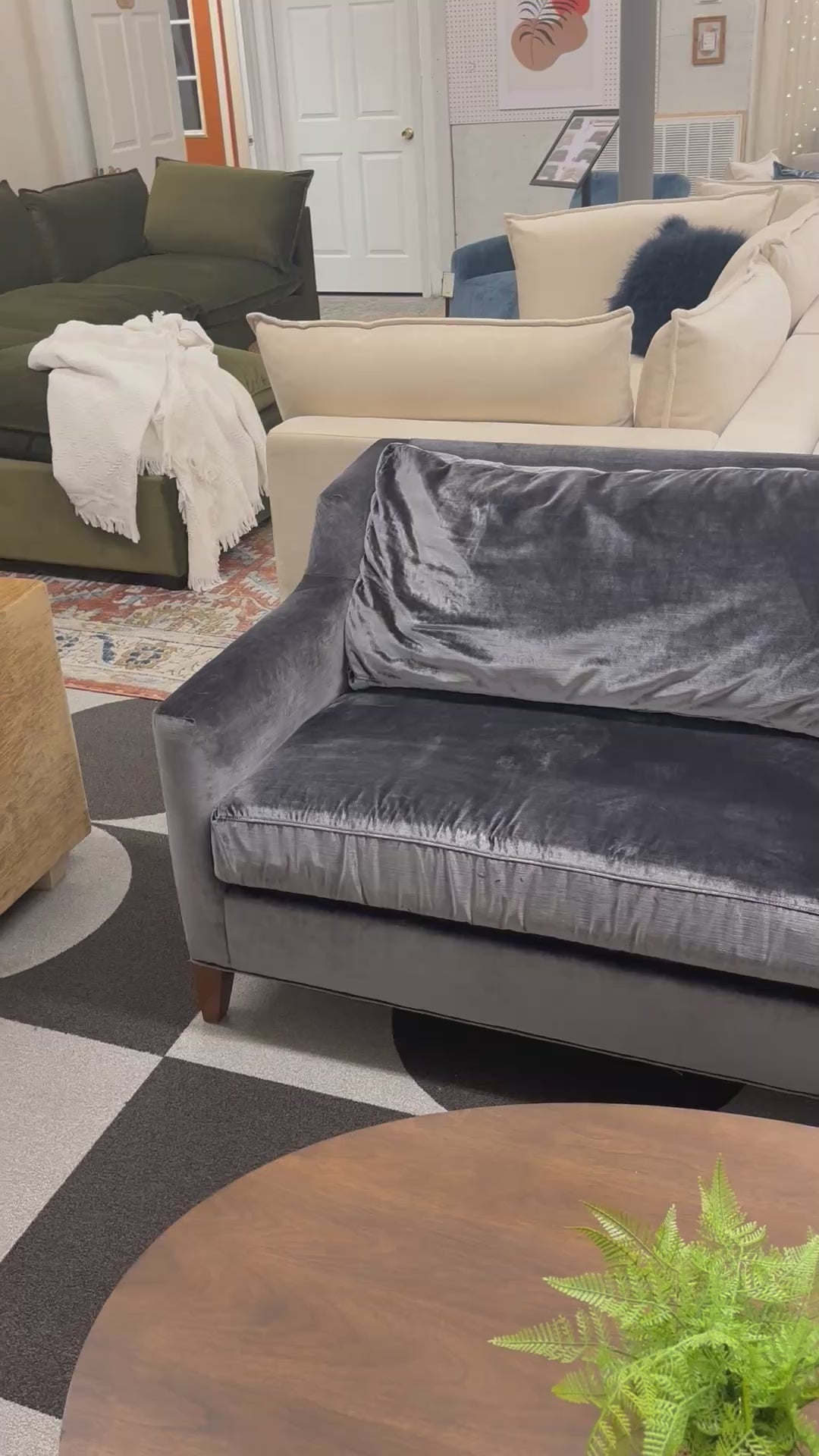 Load video: Azure Blue Velvet Mitchell Gold + Bob Williams Sofa