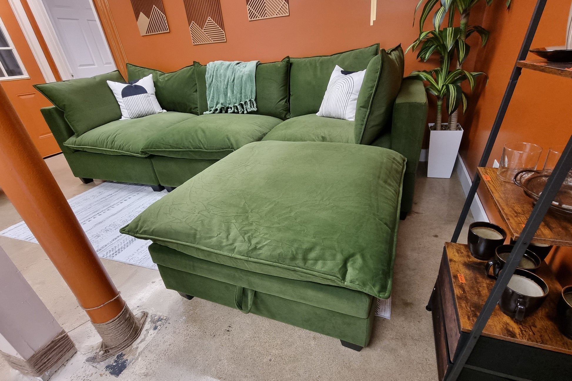 Olive Green Velvet SKY 2.0 Modular Sofa + Storage Ottoman - Reclaimed Elegance