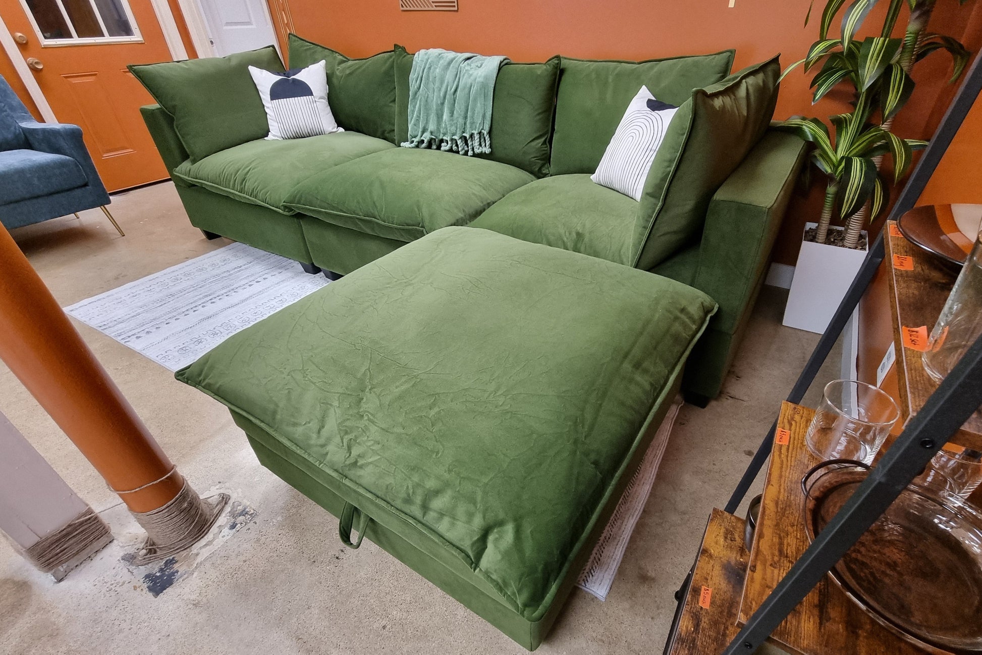 Olive Green Velvet SKY 2.0 Modular Sofa + Storage Ottoman - Reclaimed Elegance