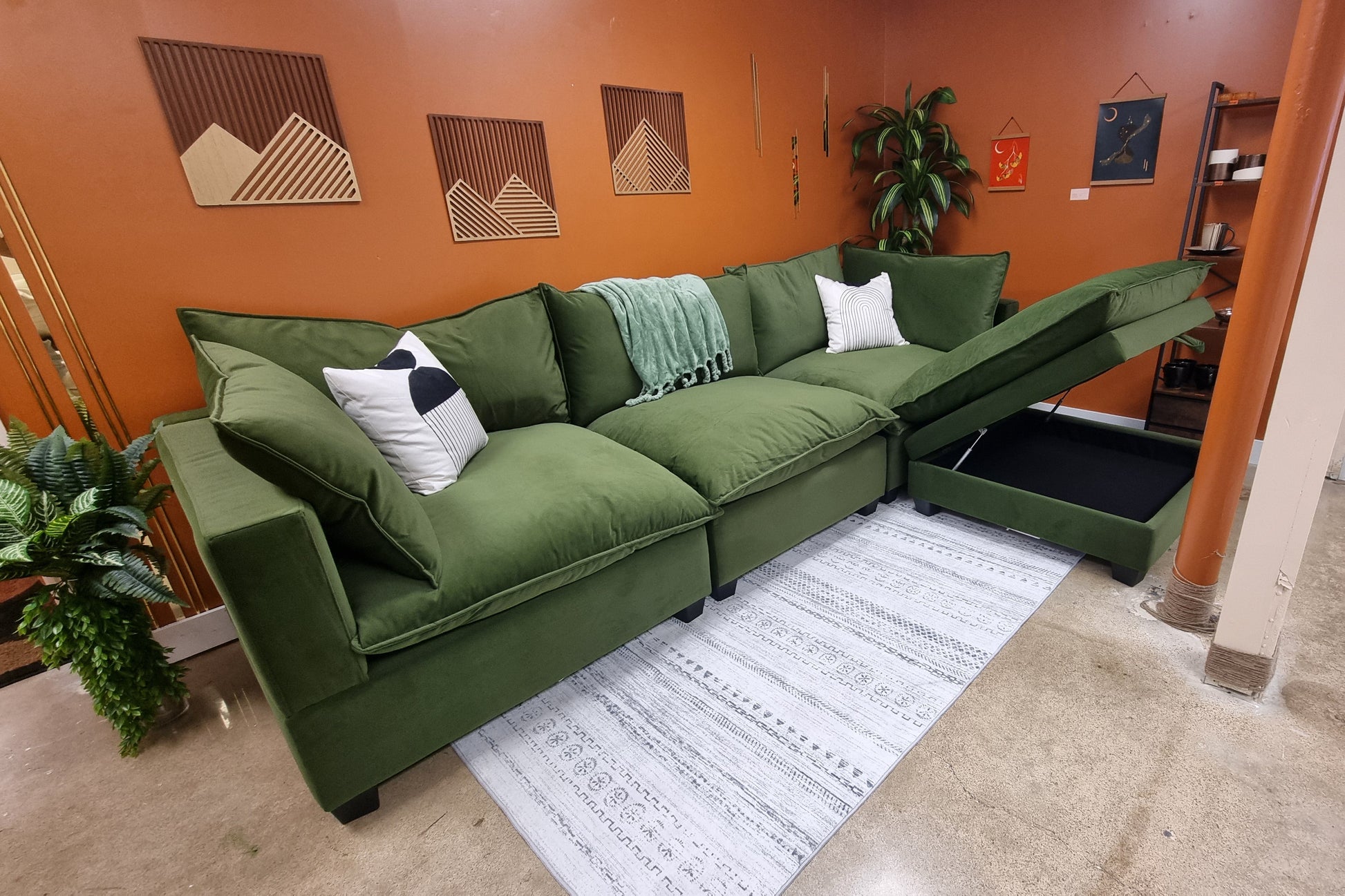 Olive Green Velvet SKY 2.0 Modular Sofa + Storage Ottoman - Reclaimed Elegance